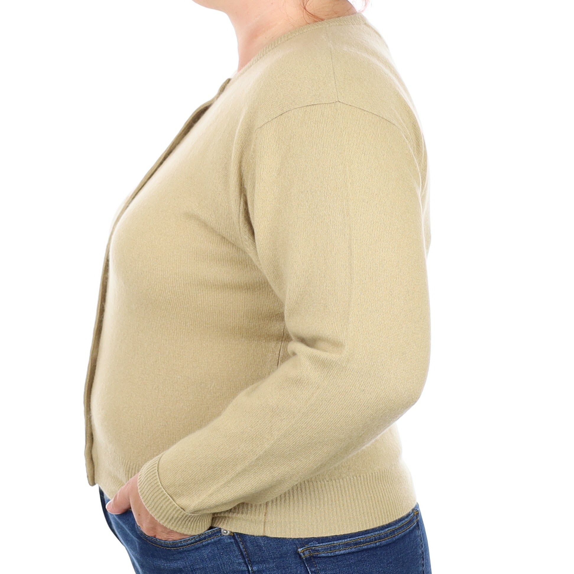Soft Camel Beige Cashmere Crew Neck Cardigan Large