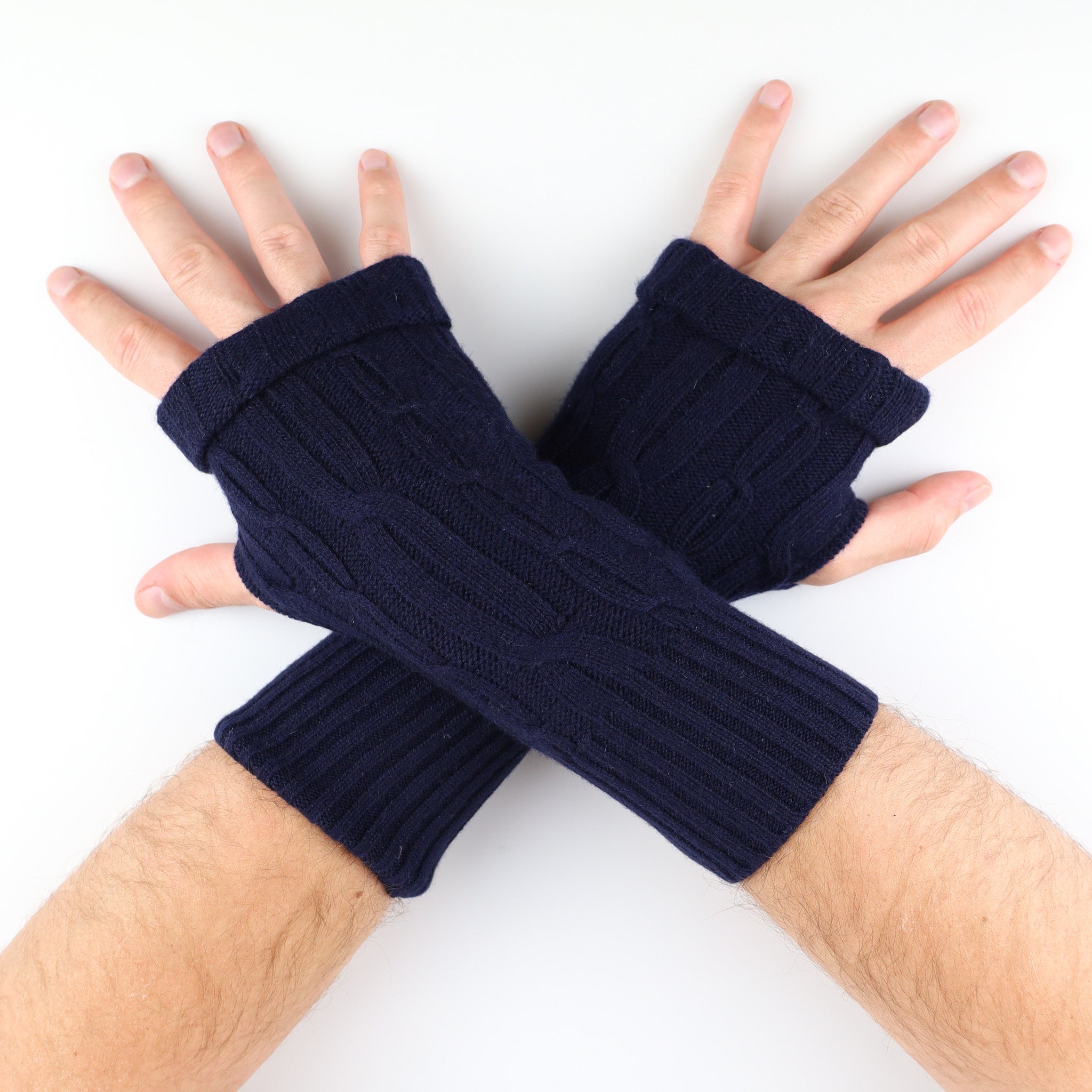 Men's Navy Blue Cable Knit Fingerless Gloves