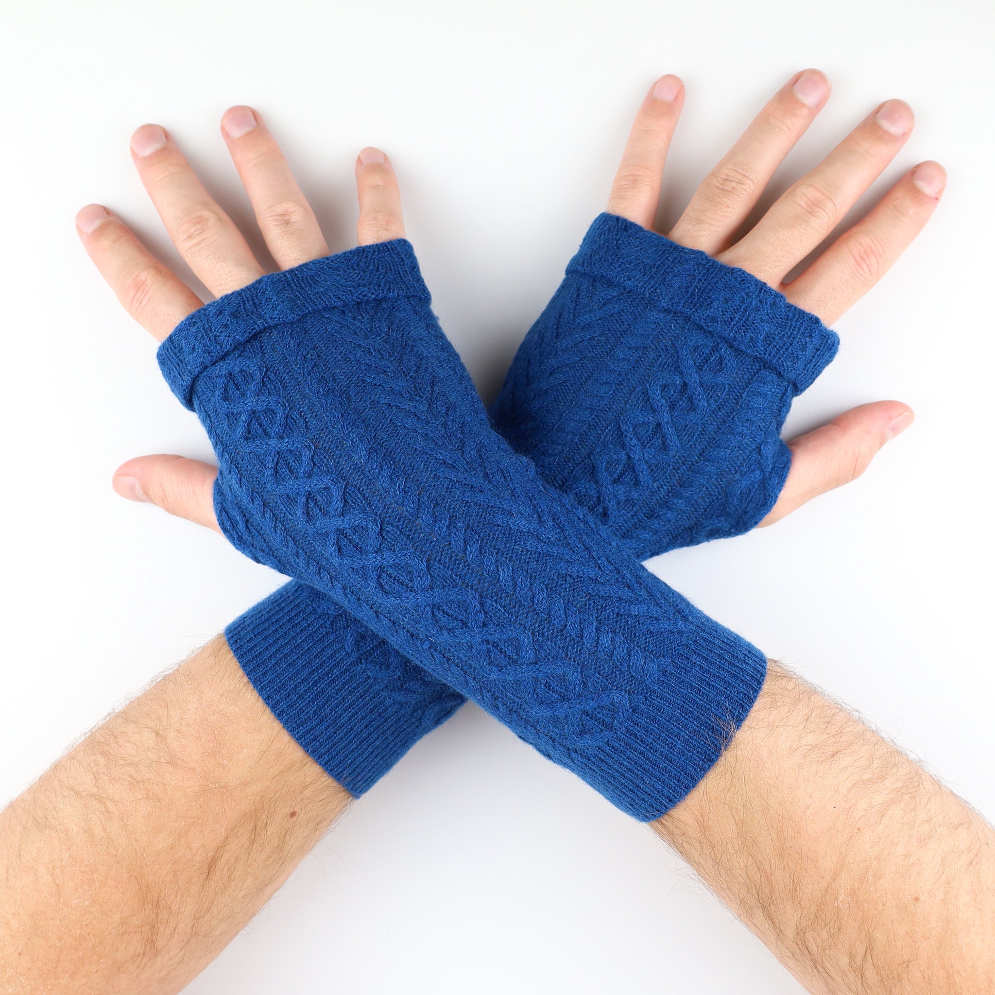 Men's Deep Ocean Blue Cable Knit Fingerless Gloves