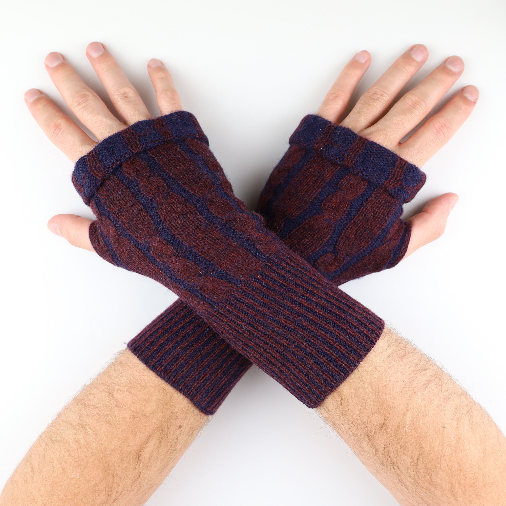 Men's Navy And Mulberry Cable Knit Fingerless Gloves