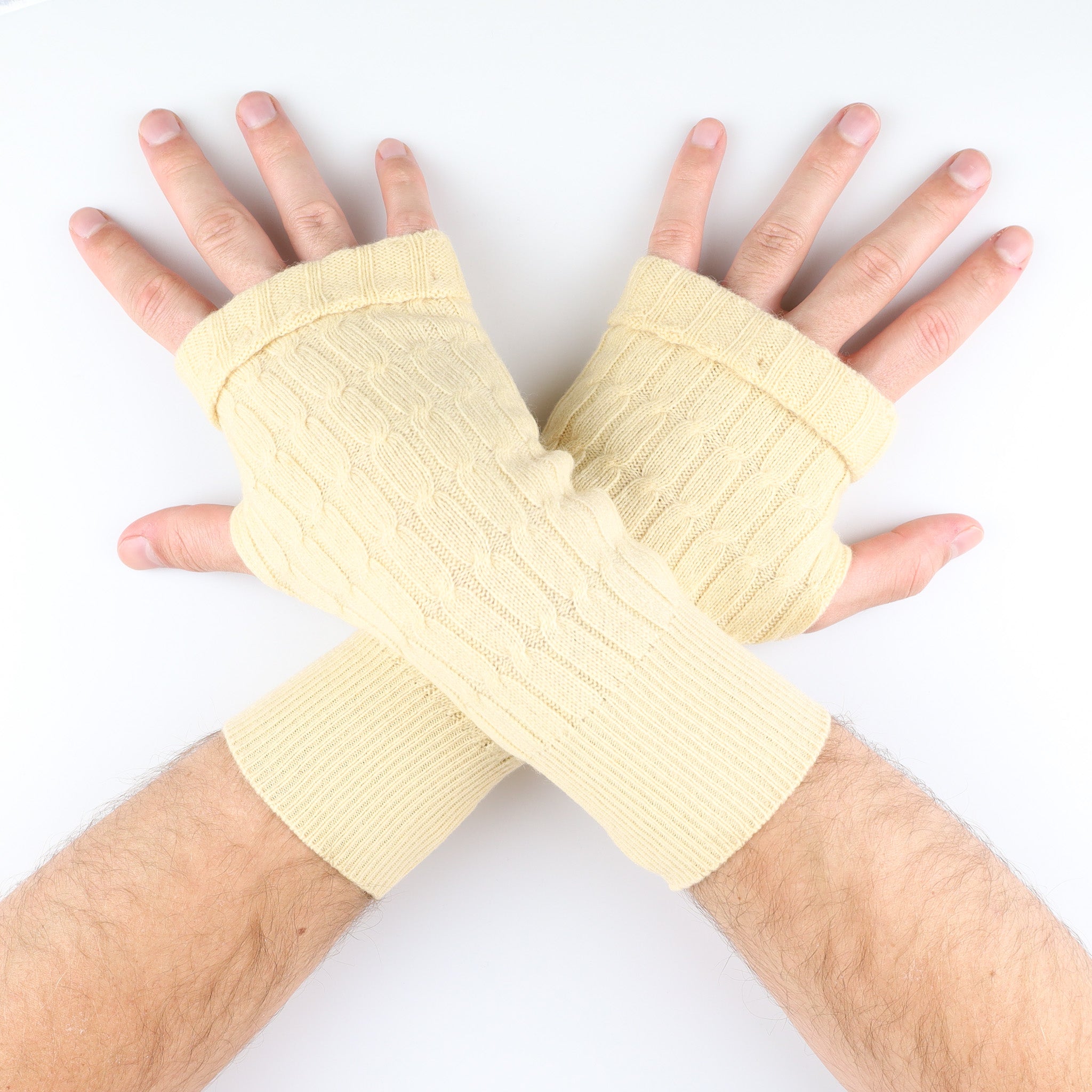 Men's Butter Yellow Cable Knit Fingerless Gloves