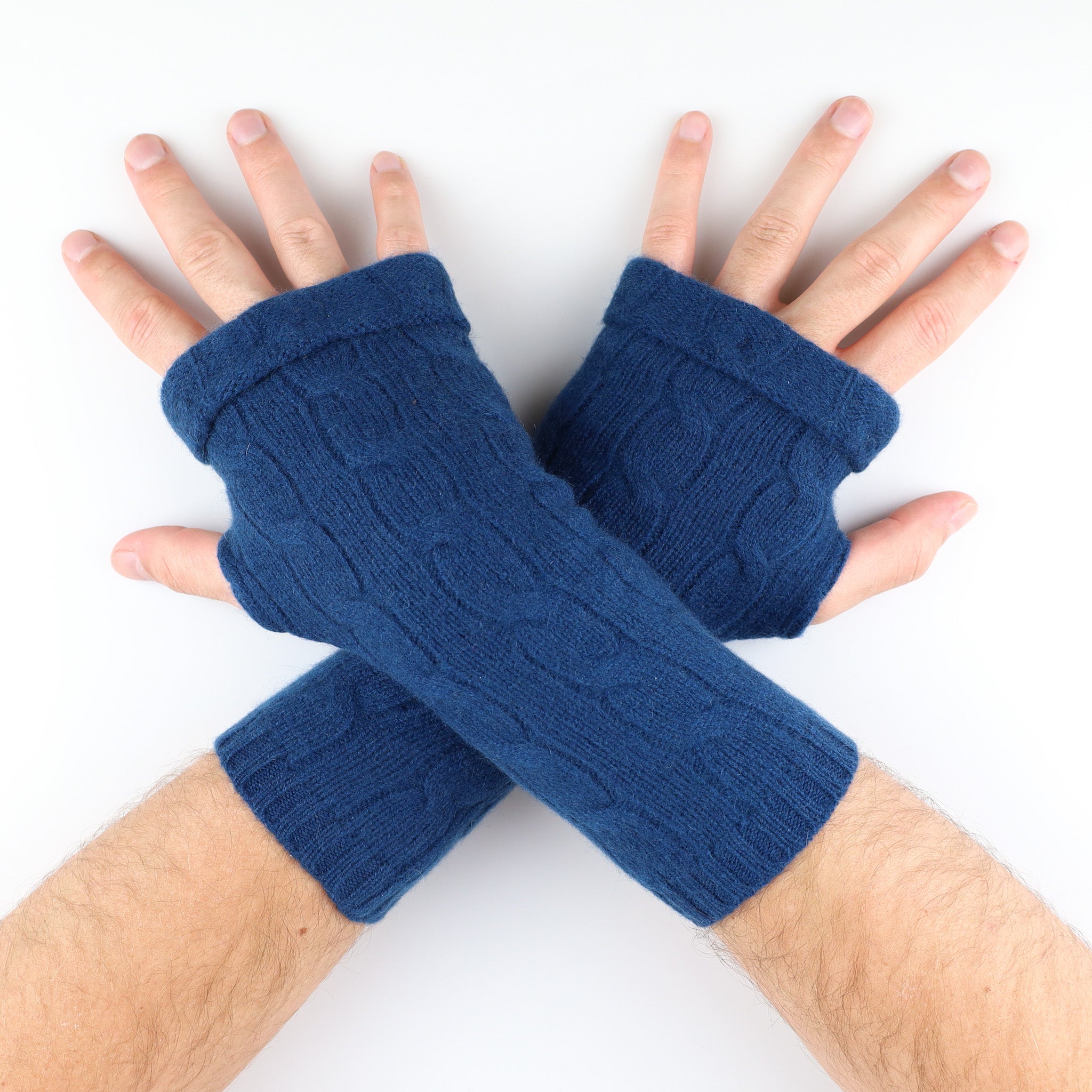 Men's Deep Ocean Blue Cable Knit Fingerless Gloves