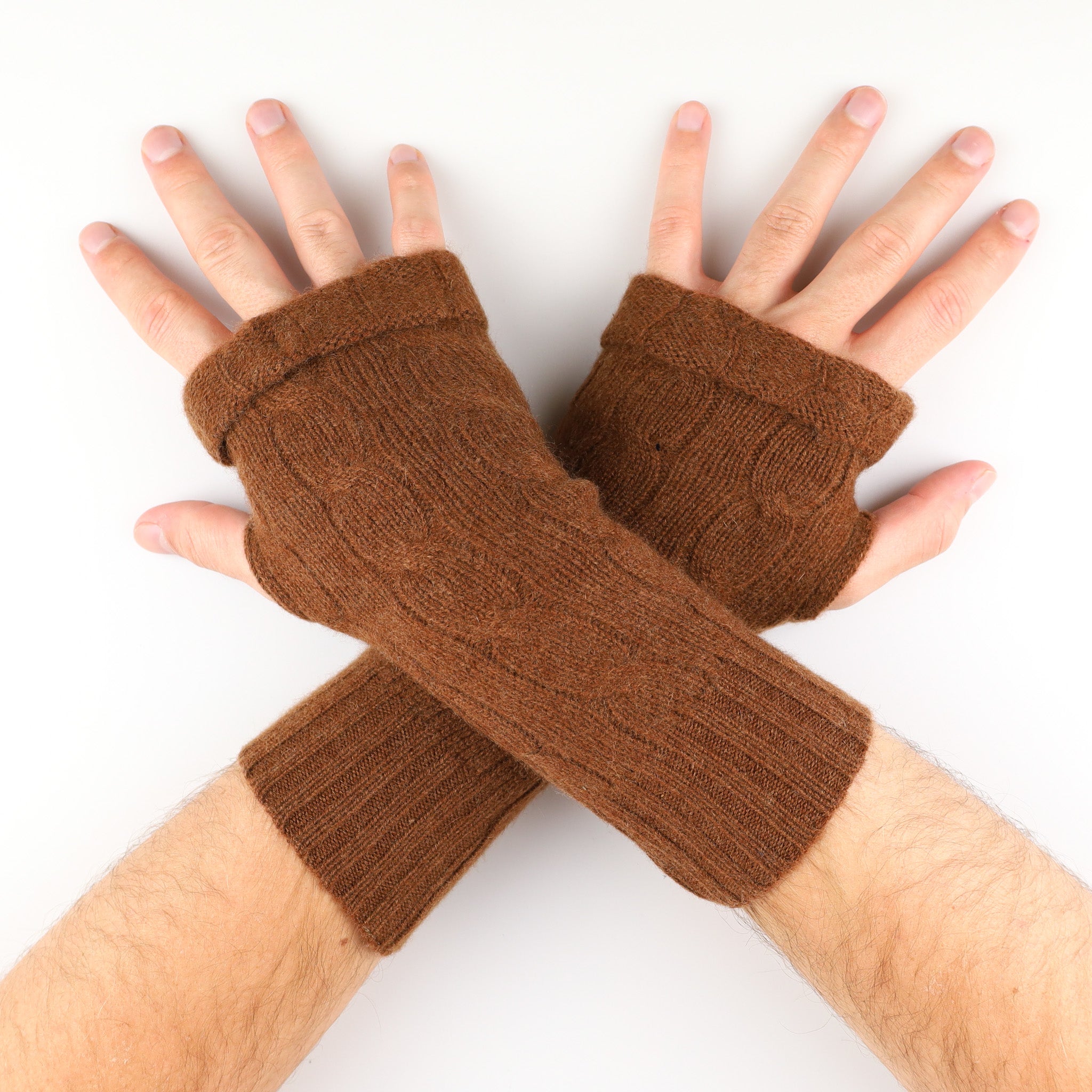 Men's Chocolate Brown Cable Knit Fingerless Gloves