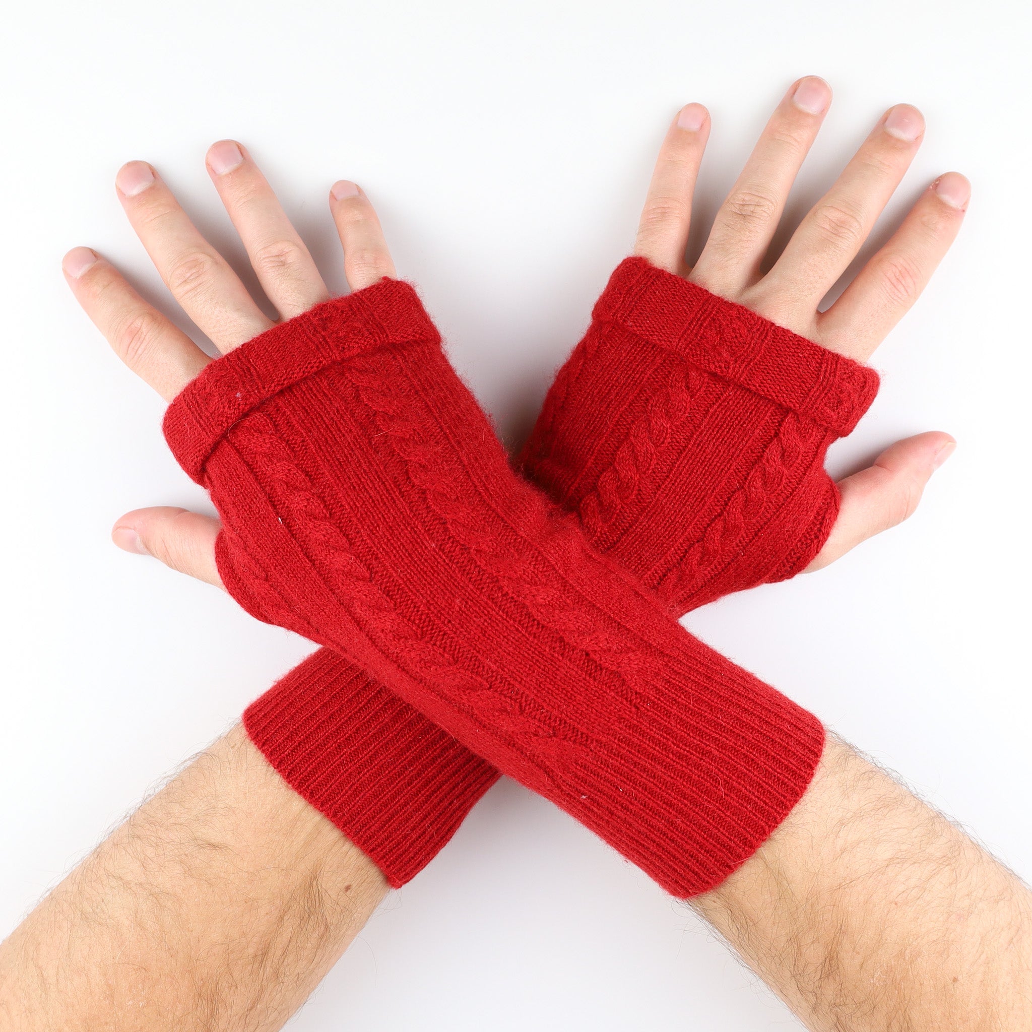 Men's Scarlet Red Cable Knit Fingerless Gloves