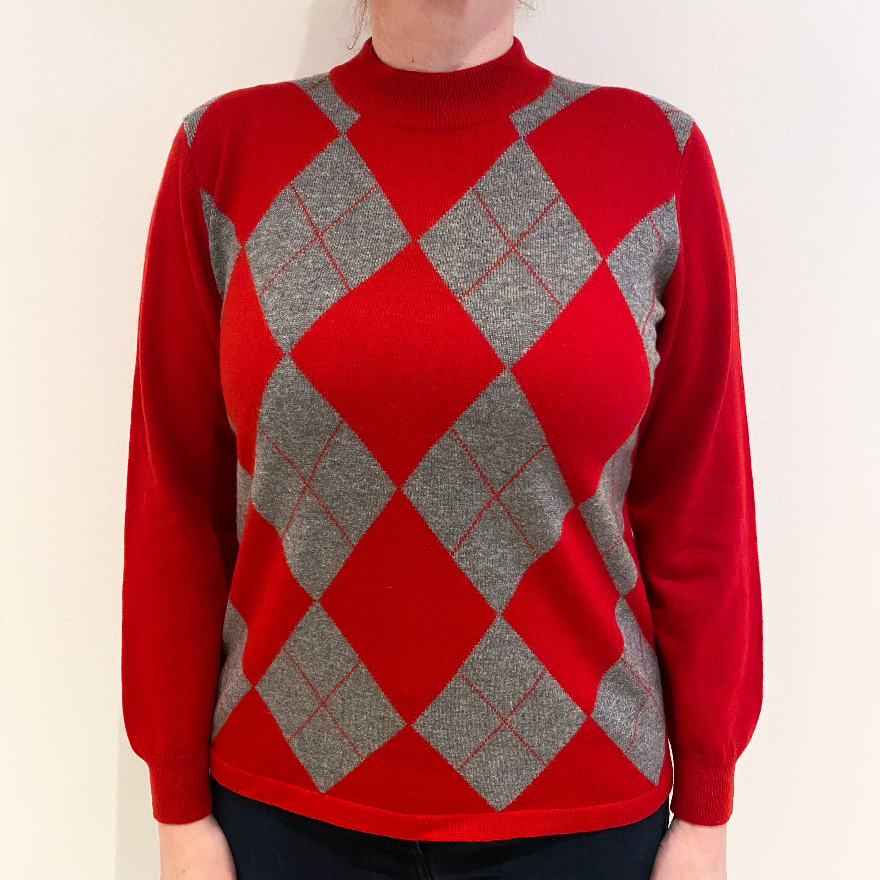 Scarlet Red and Grey Argyle Pattern Cashmere Turtle Neck Jumper Large