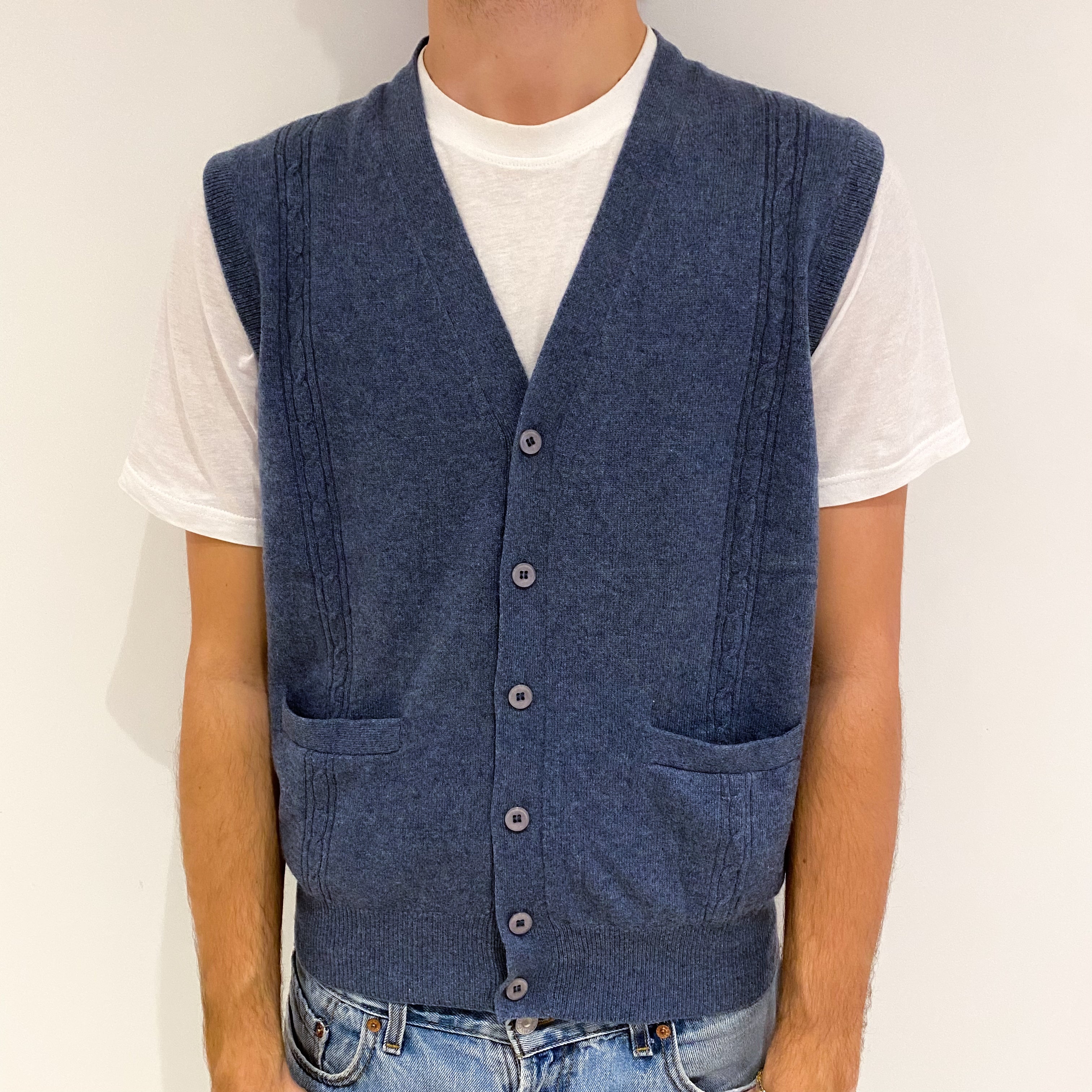 Men's Denim Blue Cashmere V Neck Gilet with Pockets Large