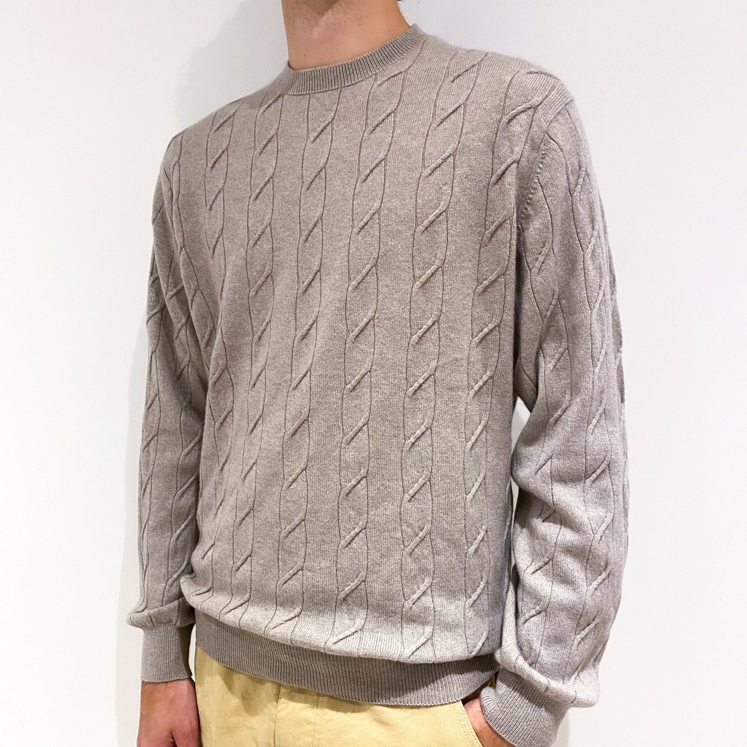 Men's Mink Brown Cable Cashmere Crew Neck Jumper Large