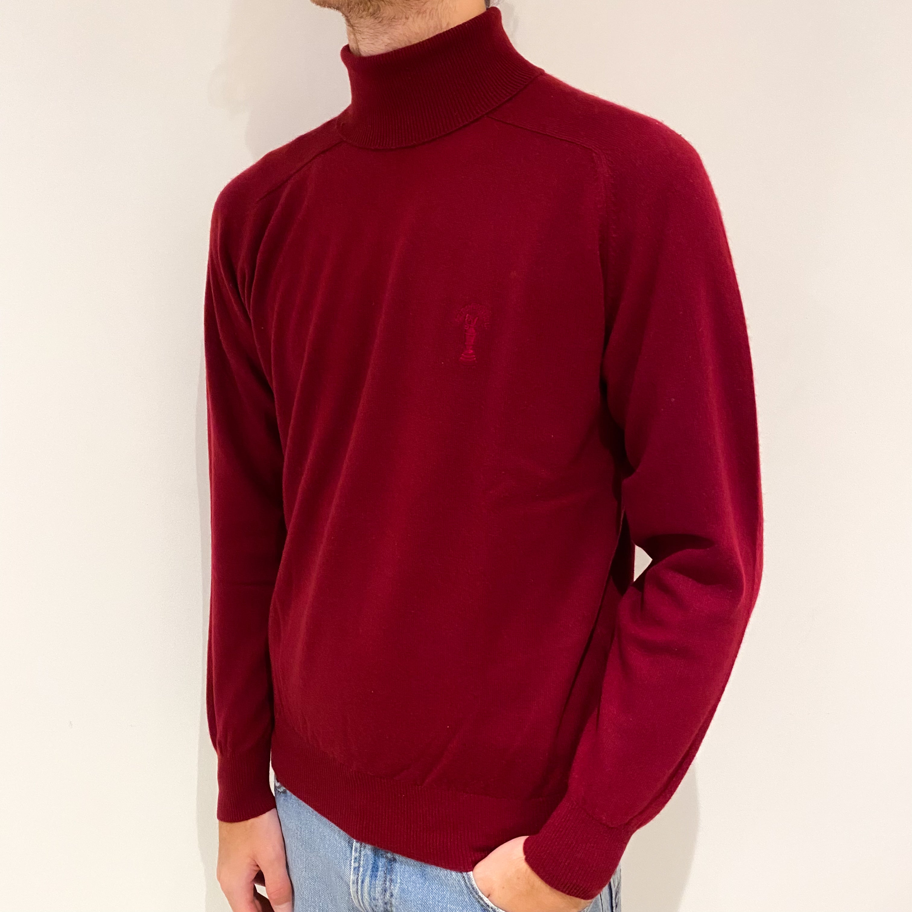 Men's Burgundy Red Cashmere Polo Neck Jumper Large