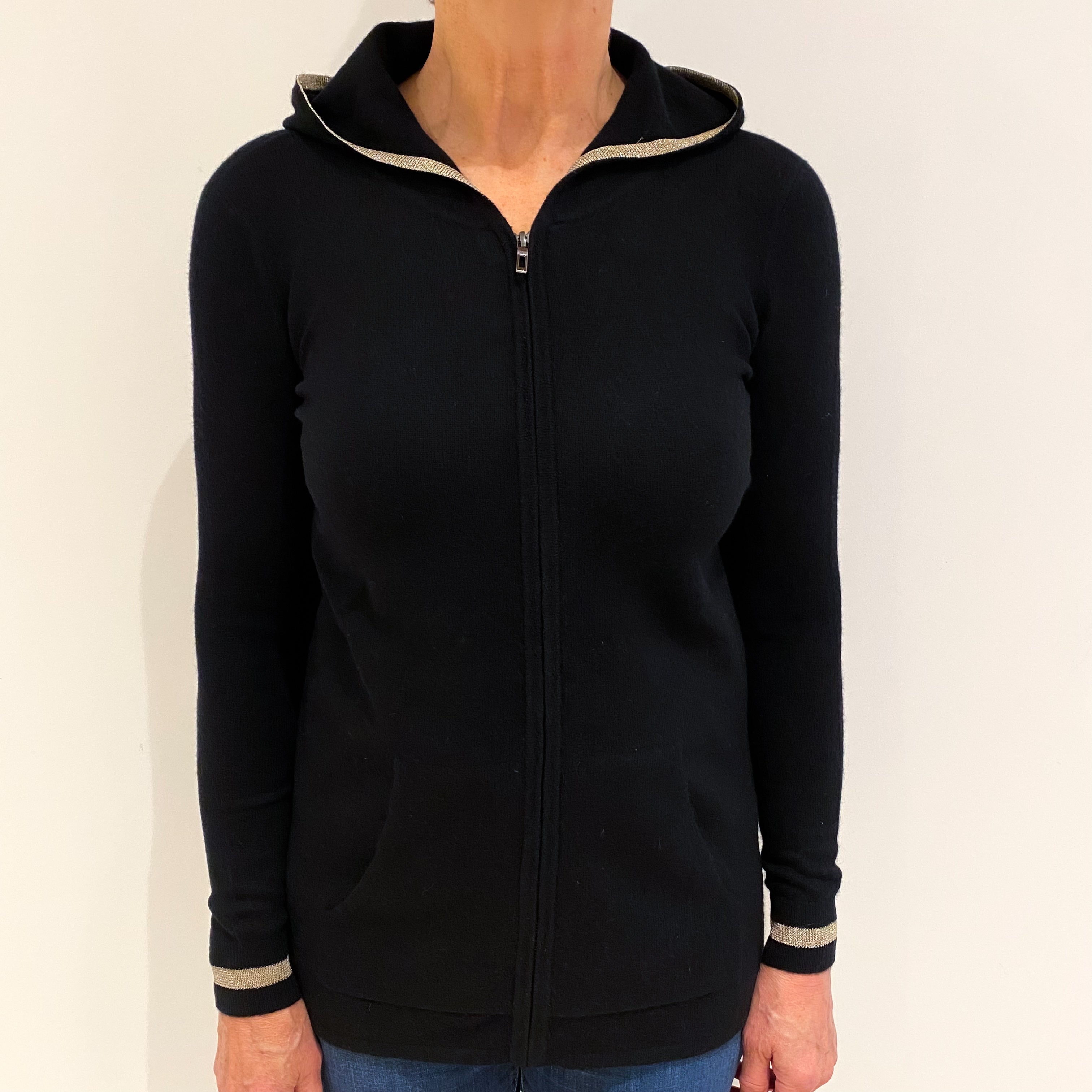 Black Cashmere Zip Up Hoodie Jumper Medium
