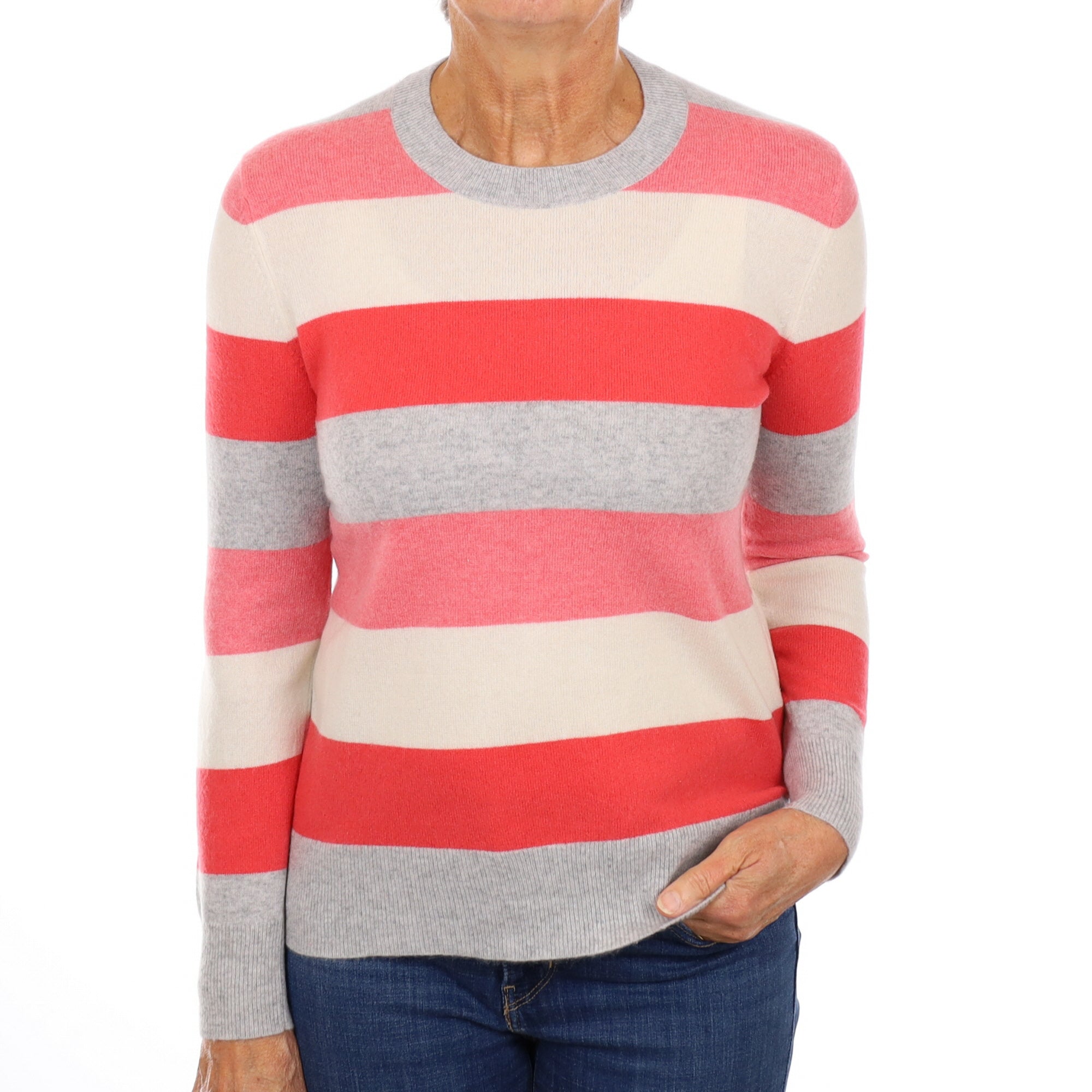 Grey and Coral Stripe Cashmere Crew Neck Jumper Medium