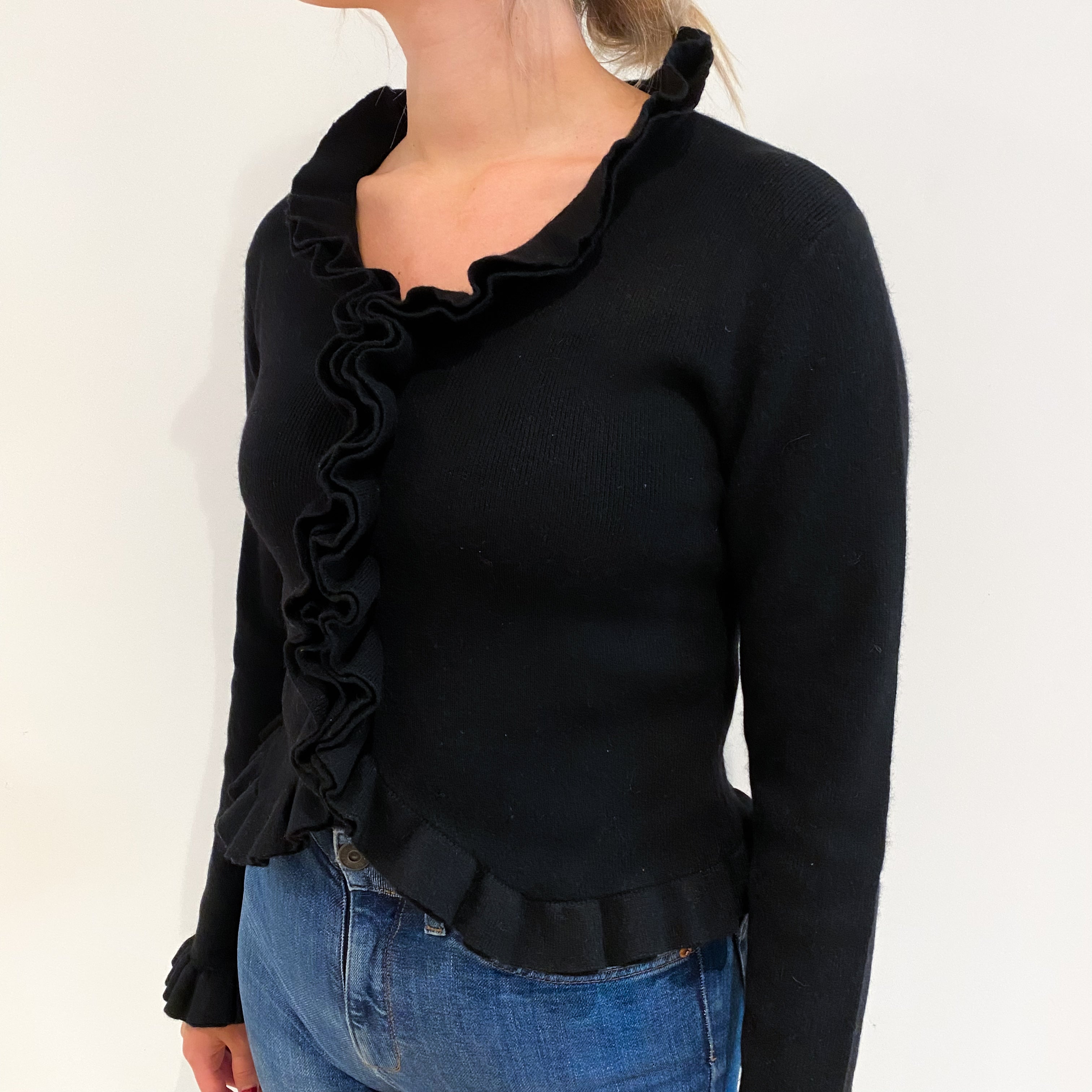 Vintage Black Cashmere Frill Neck Cardigan Small