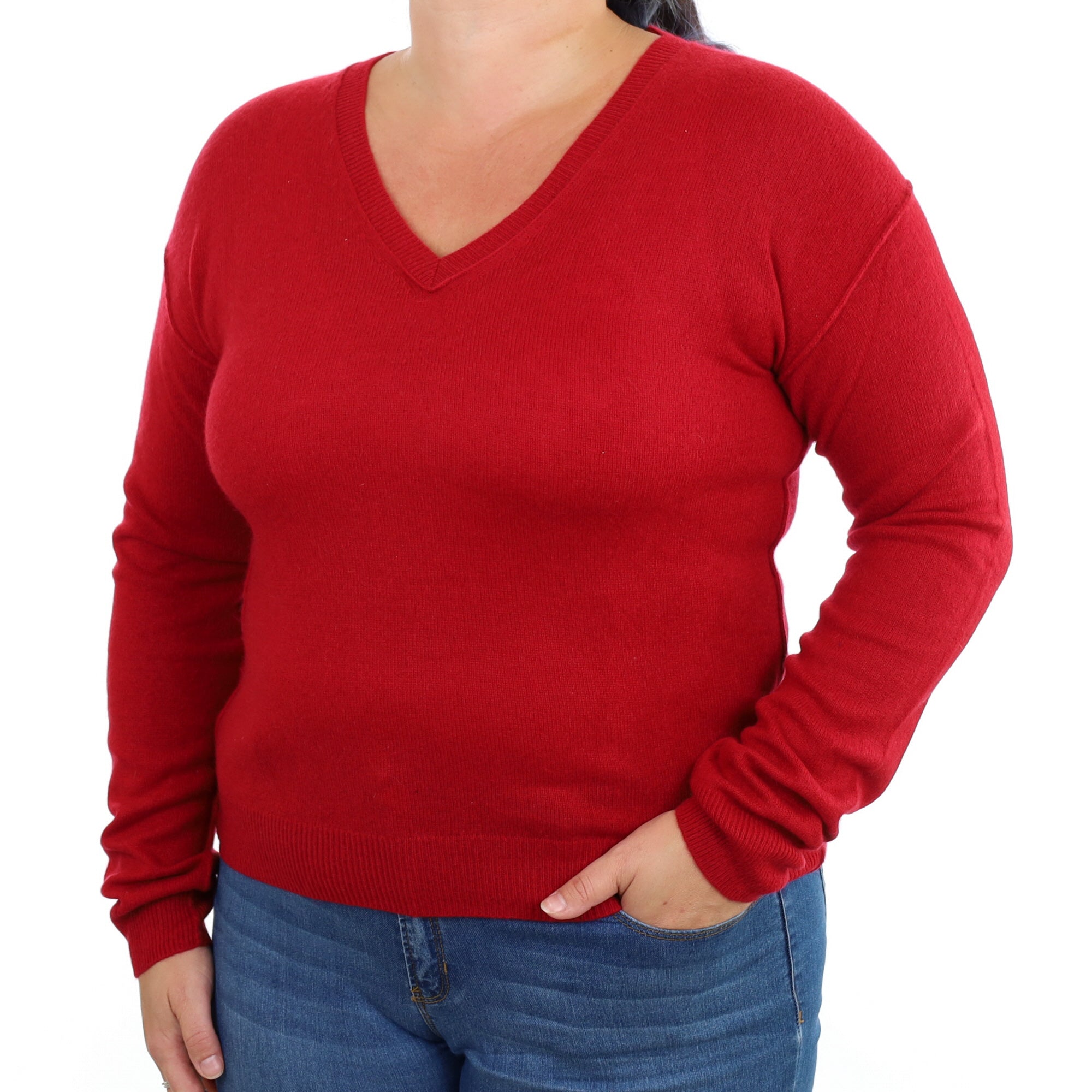 Crimson Red Cashmere V Neck Jumper Large
