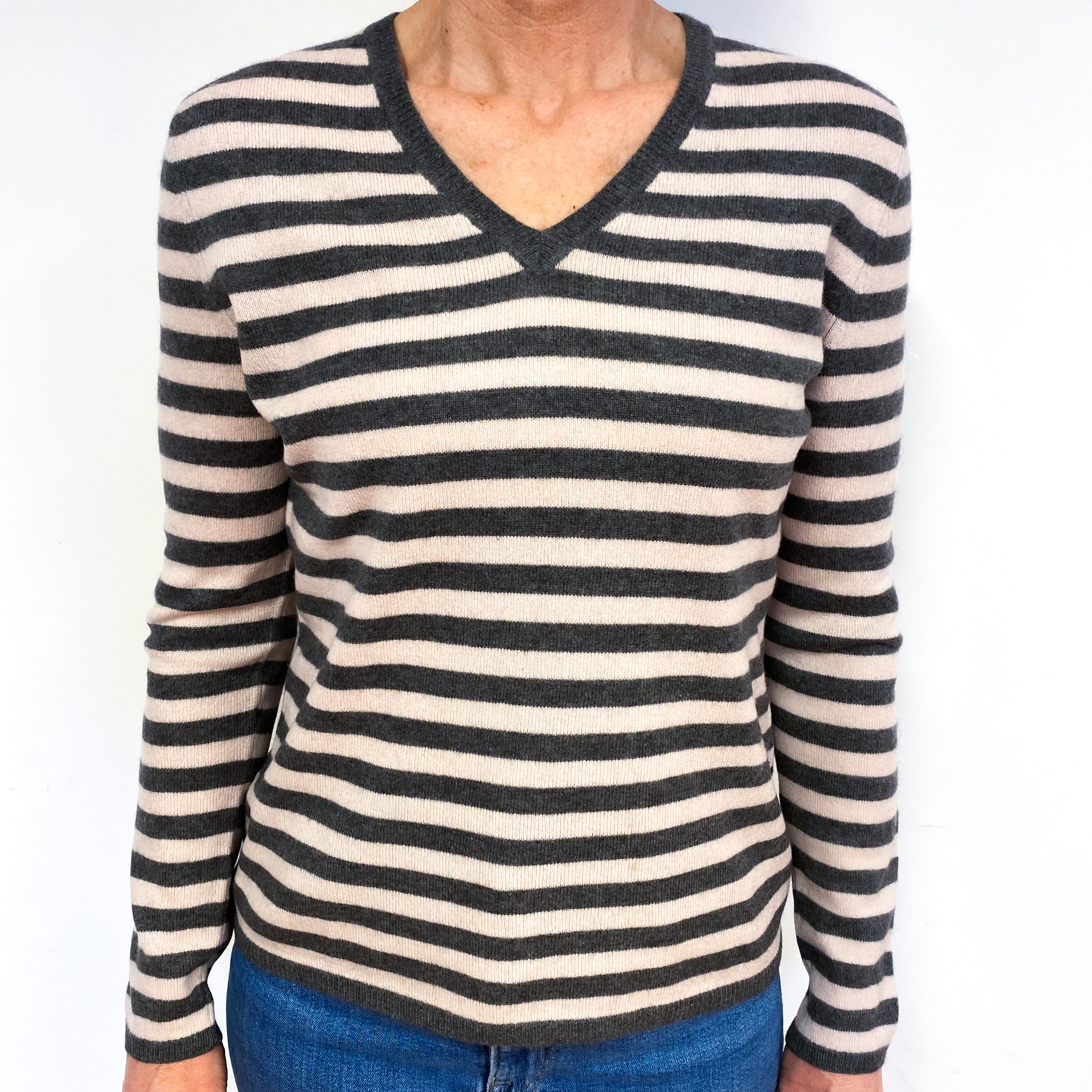 Slate Grey And Ice Pink Cashmere V-Neck Jumper Medium