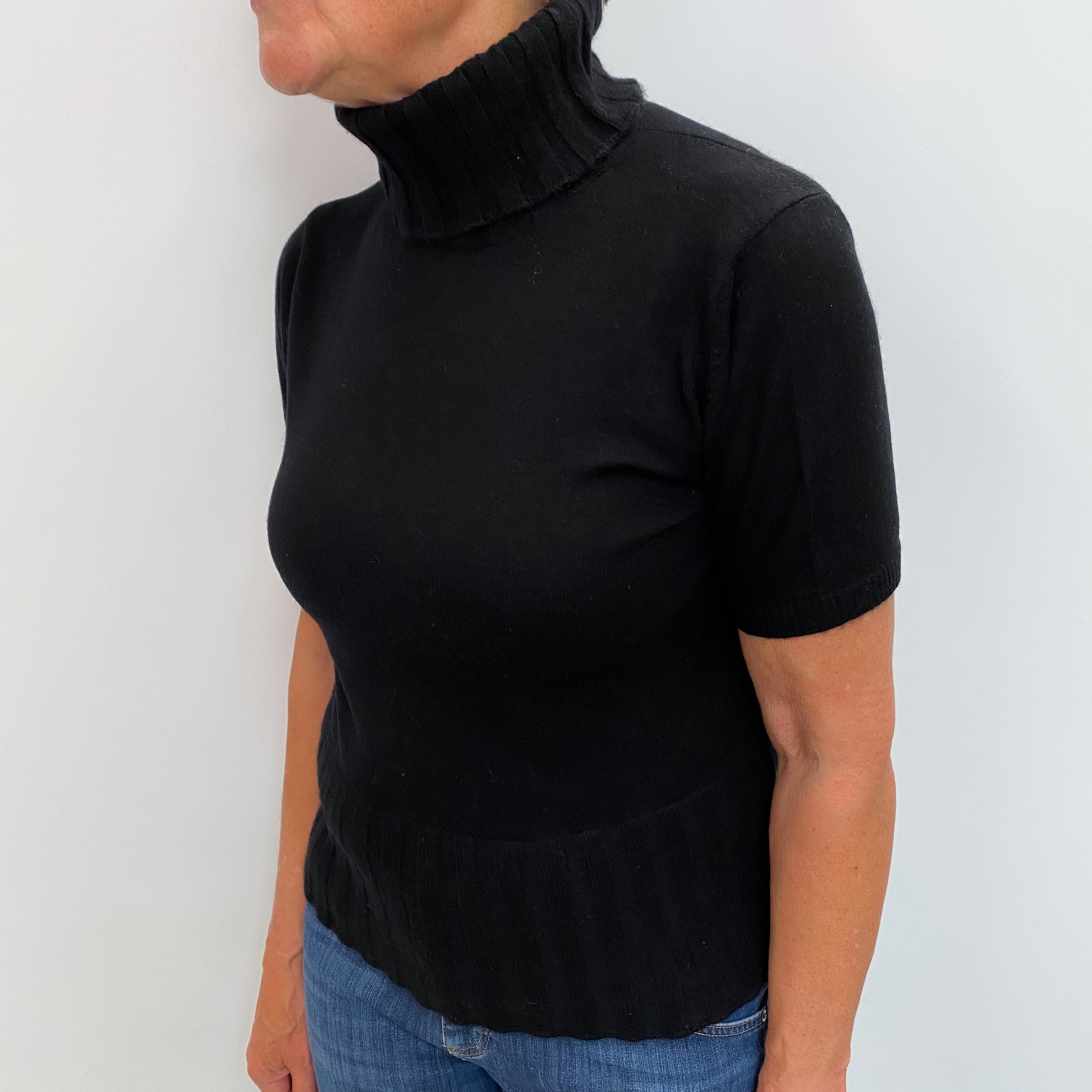 Black Cashmere Polo Neck Short Sleeved Jumper Medium