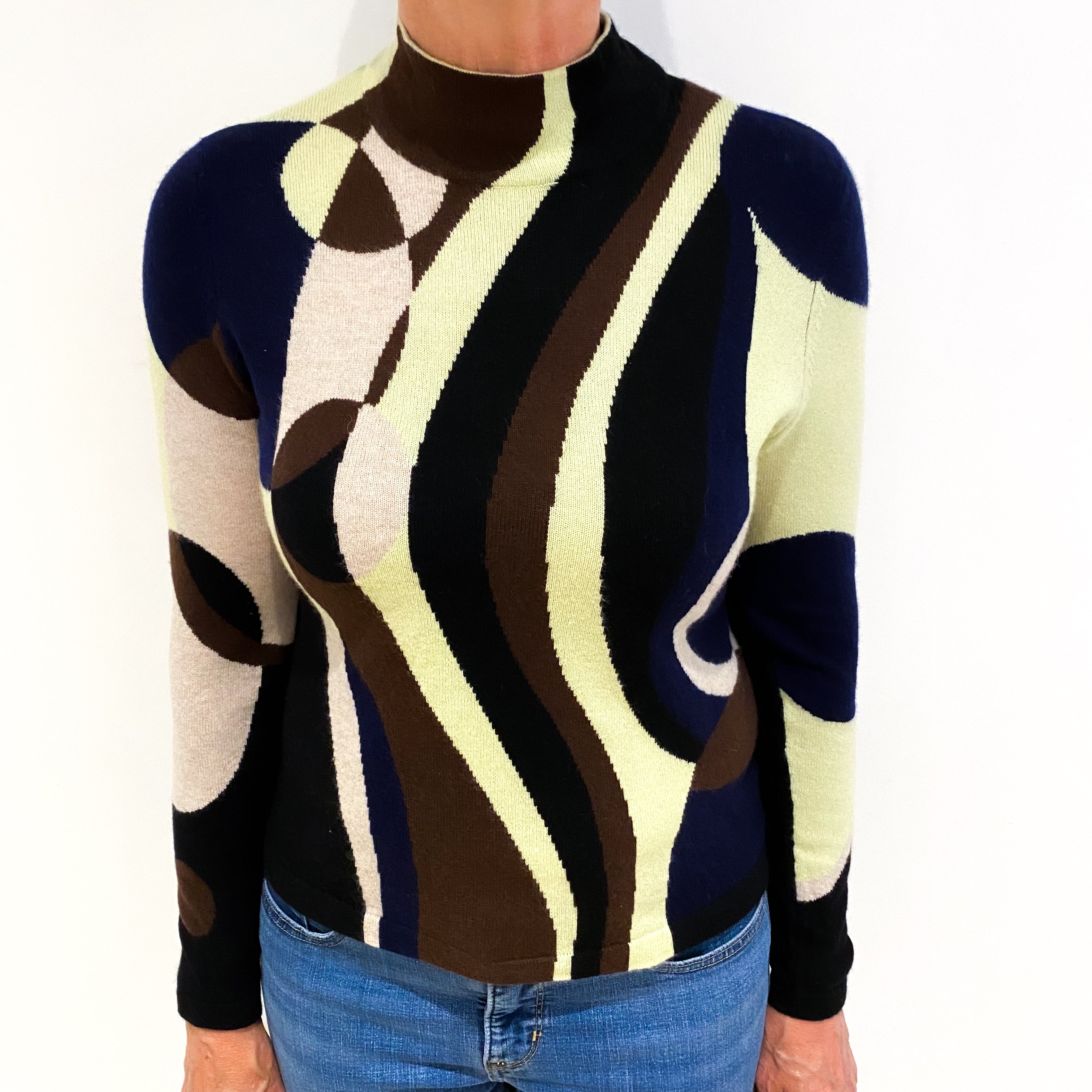 Soft Lime Green Patterned Cashmere Turtle Neck Jumper Medium
