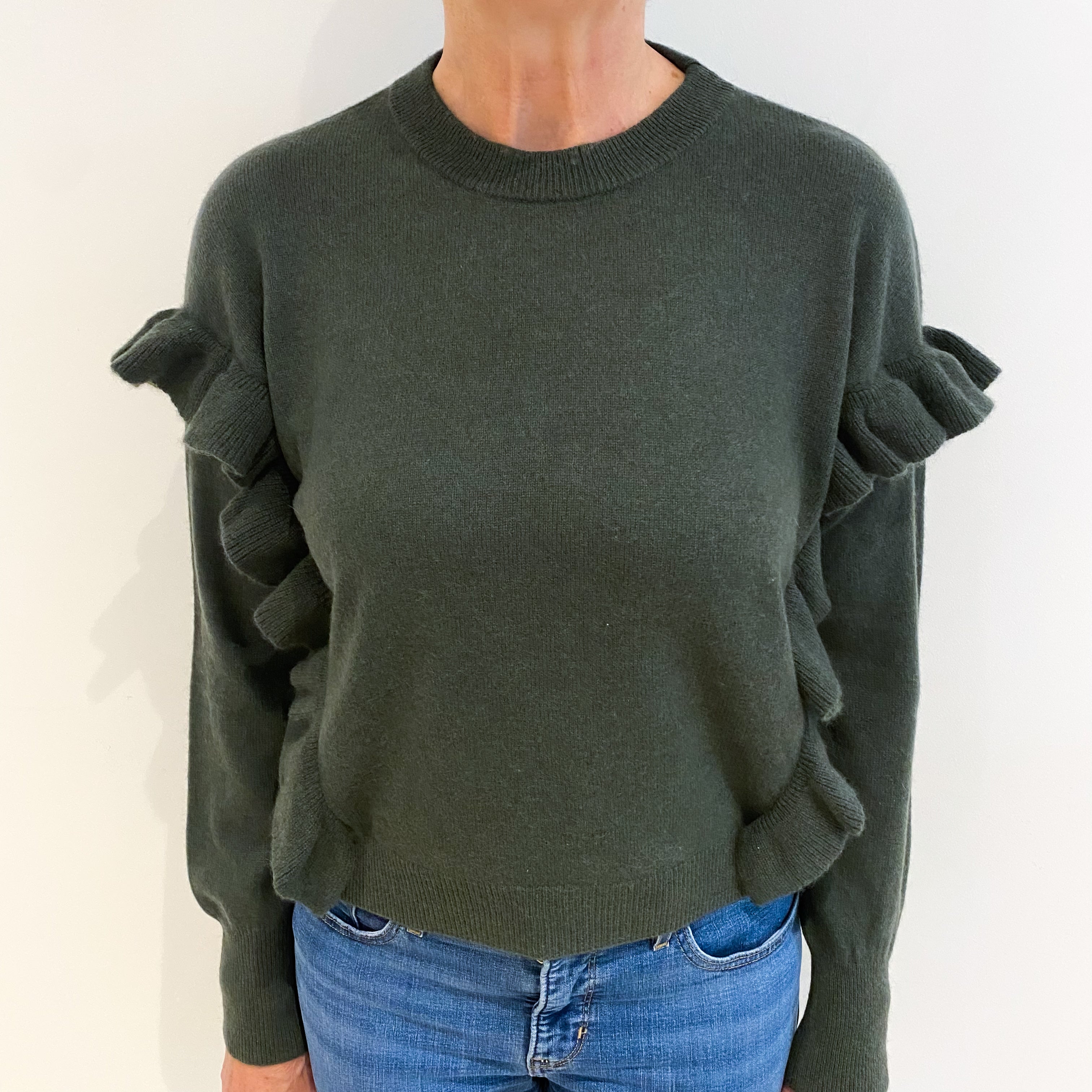 Deep Khaki Green Ruffle Cashmere Crew Neck Jumper Medium