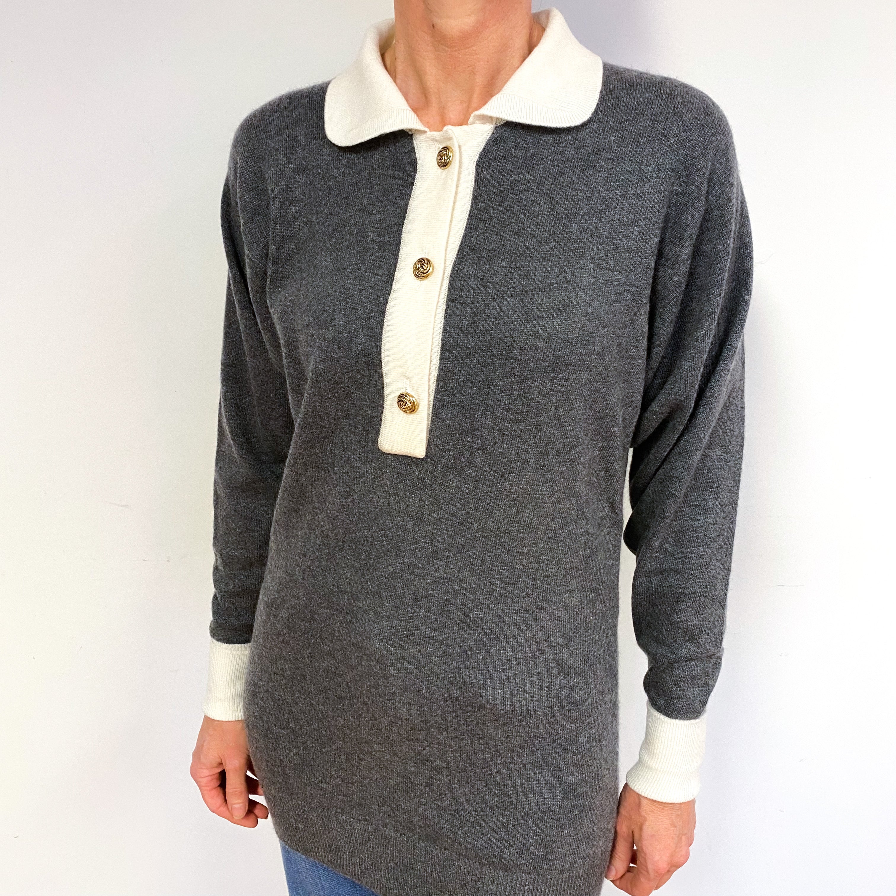 Slate Grey And Cream Cashmere Crew Neck Jumper Medium