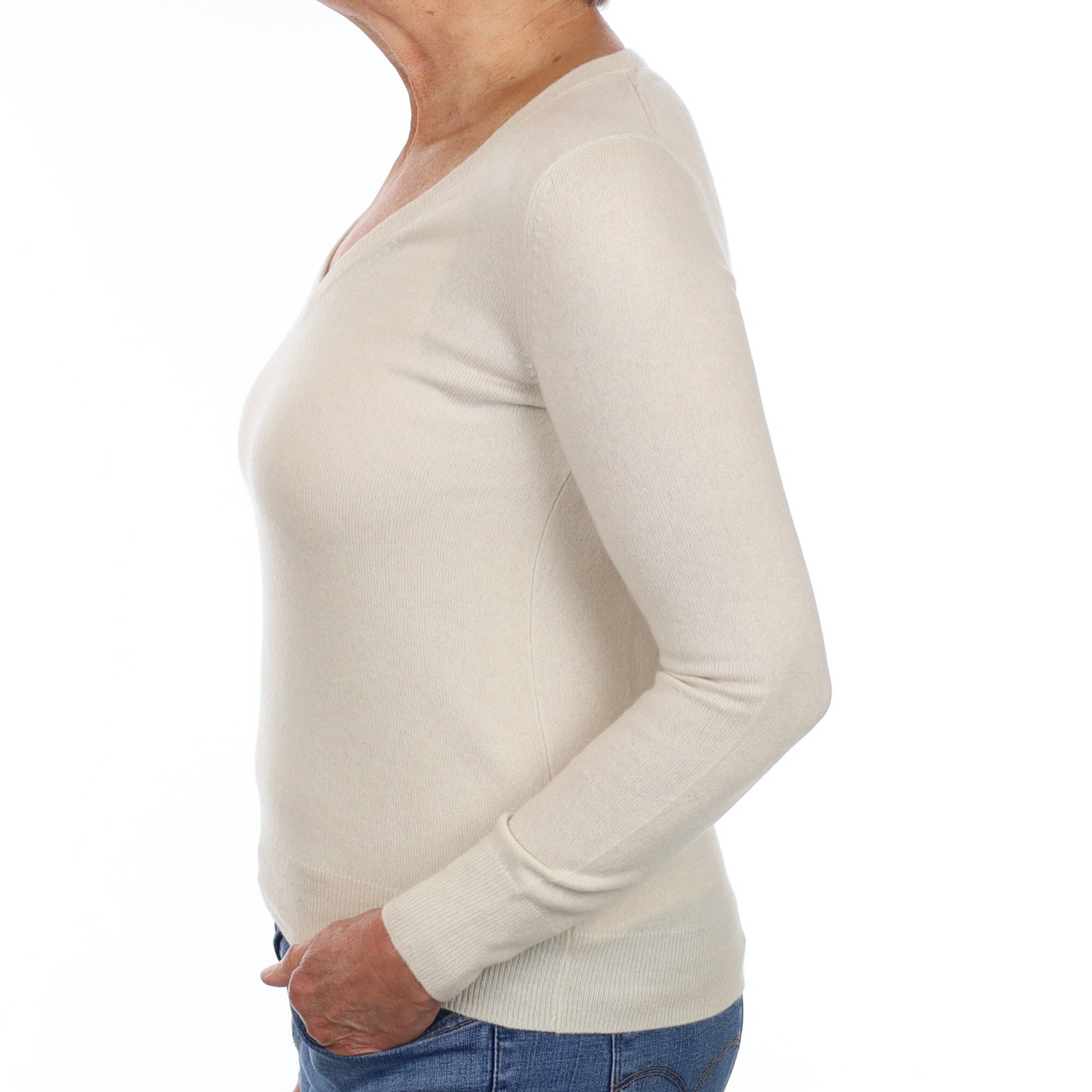 Vanilla Cream Cashmere V Neck Jumper Medium