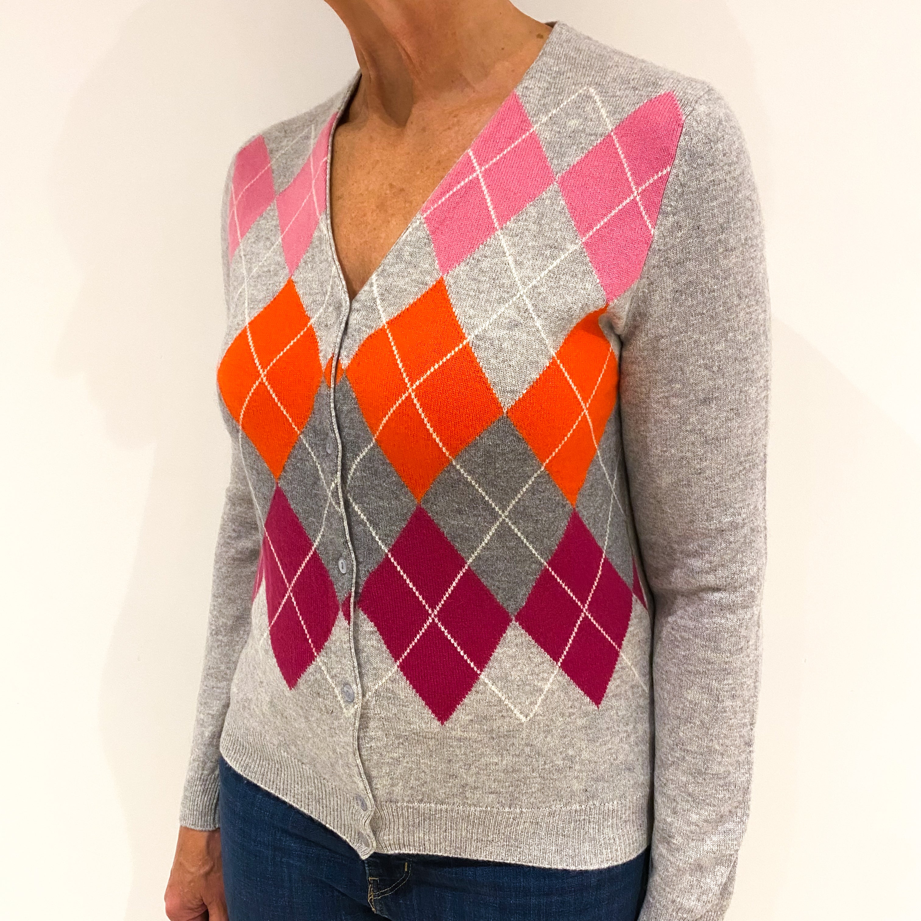 Smoke Grey Argyle Front Cashmere V-Neck Cardigan Medium
