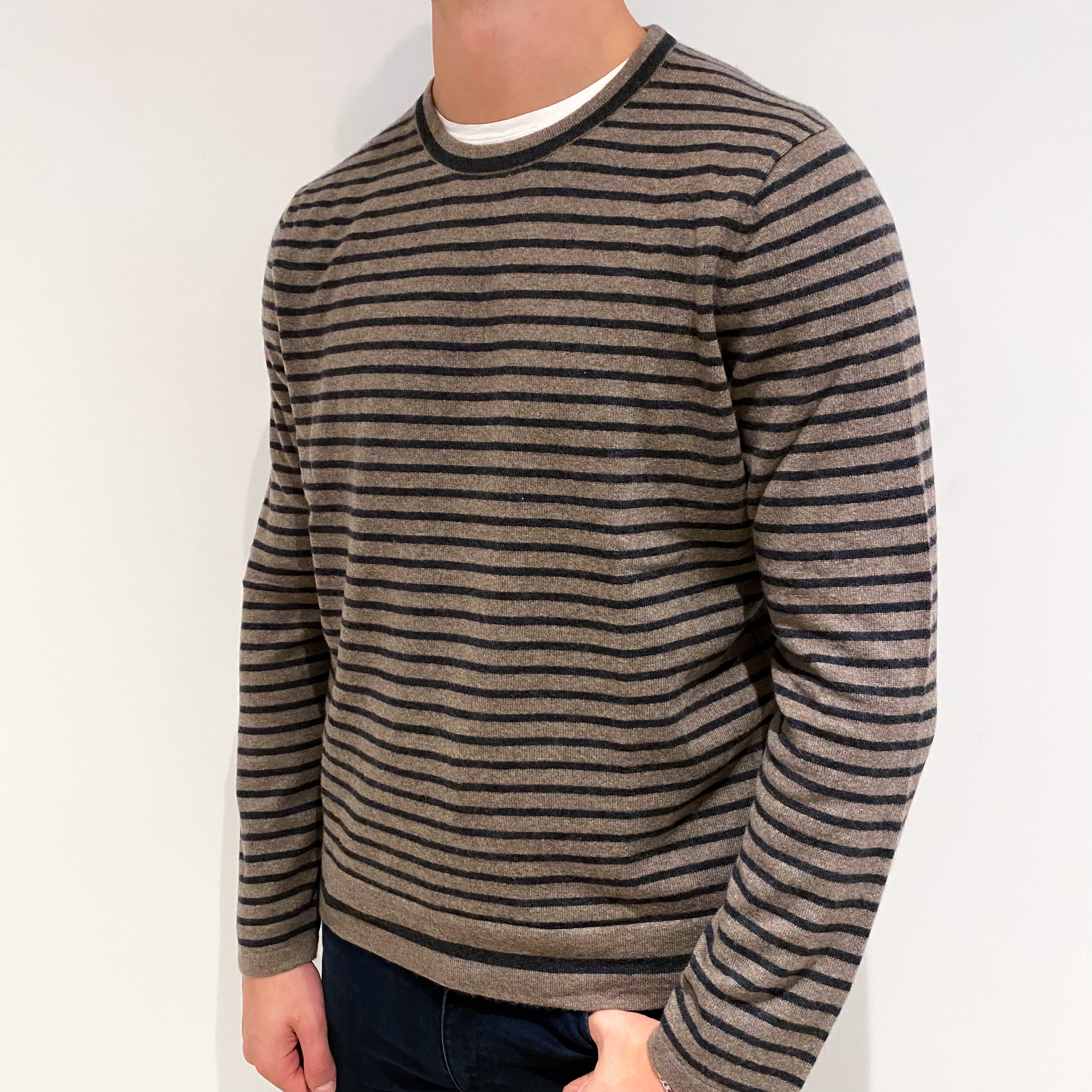 Men's Mocha Black Stripe Cashmere Crew Neck Jumper Extra Large