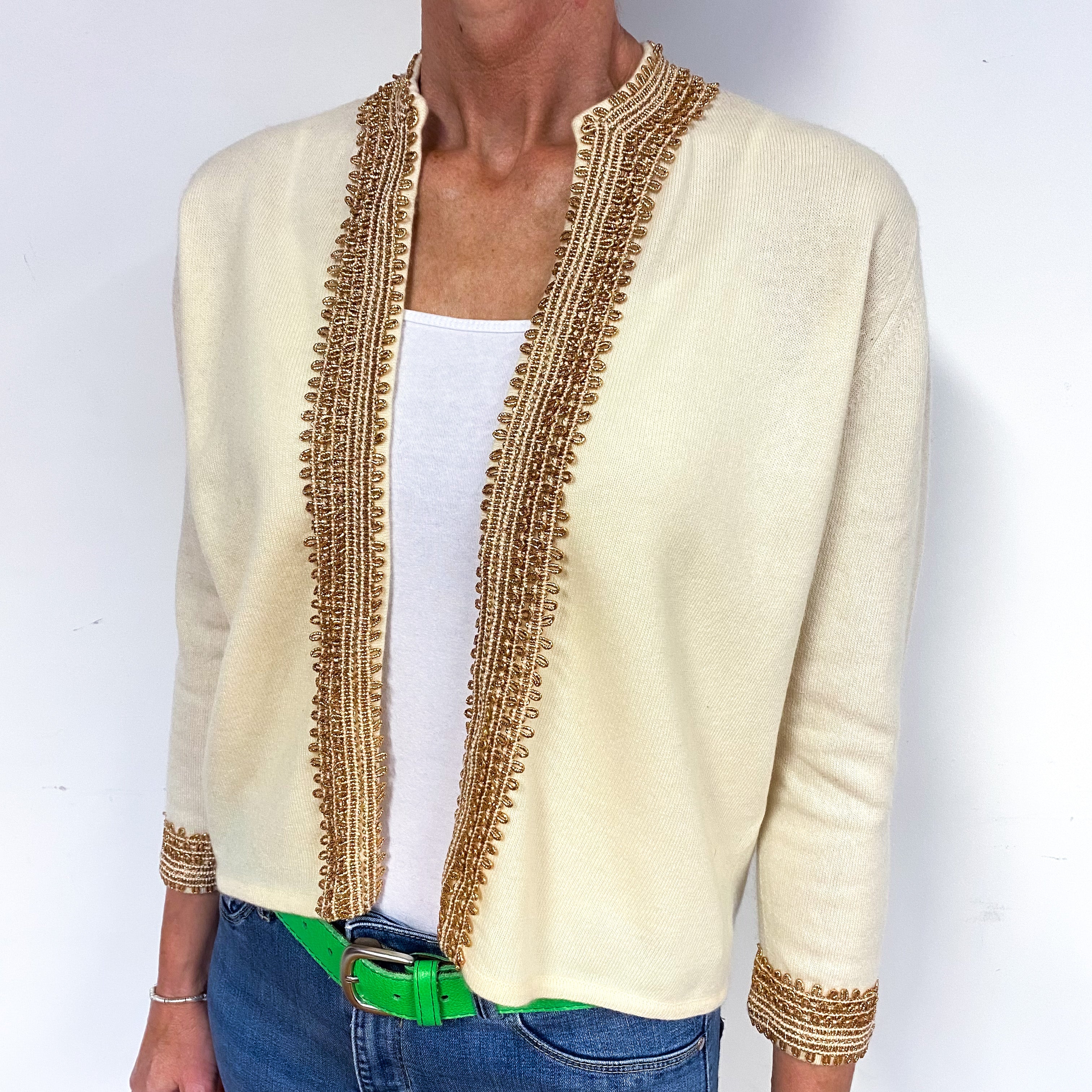 Vintage Pringle Cream Gold Trimmed Cashmere Cardigan Medium