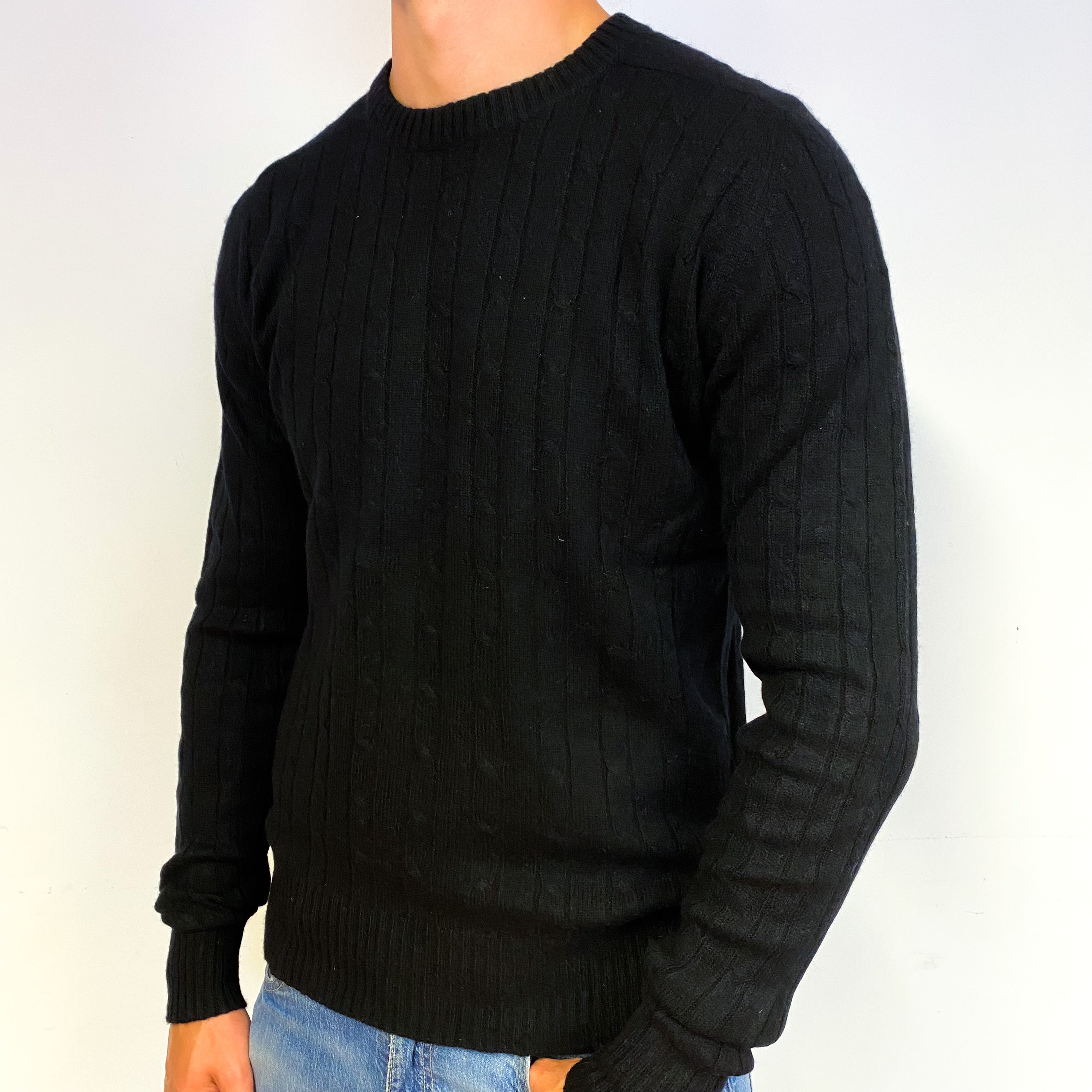 Men's Black Cable Knit Cashmere Crew Neck Jumper Extra Large