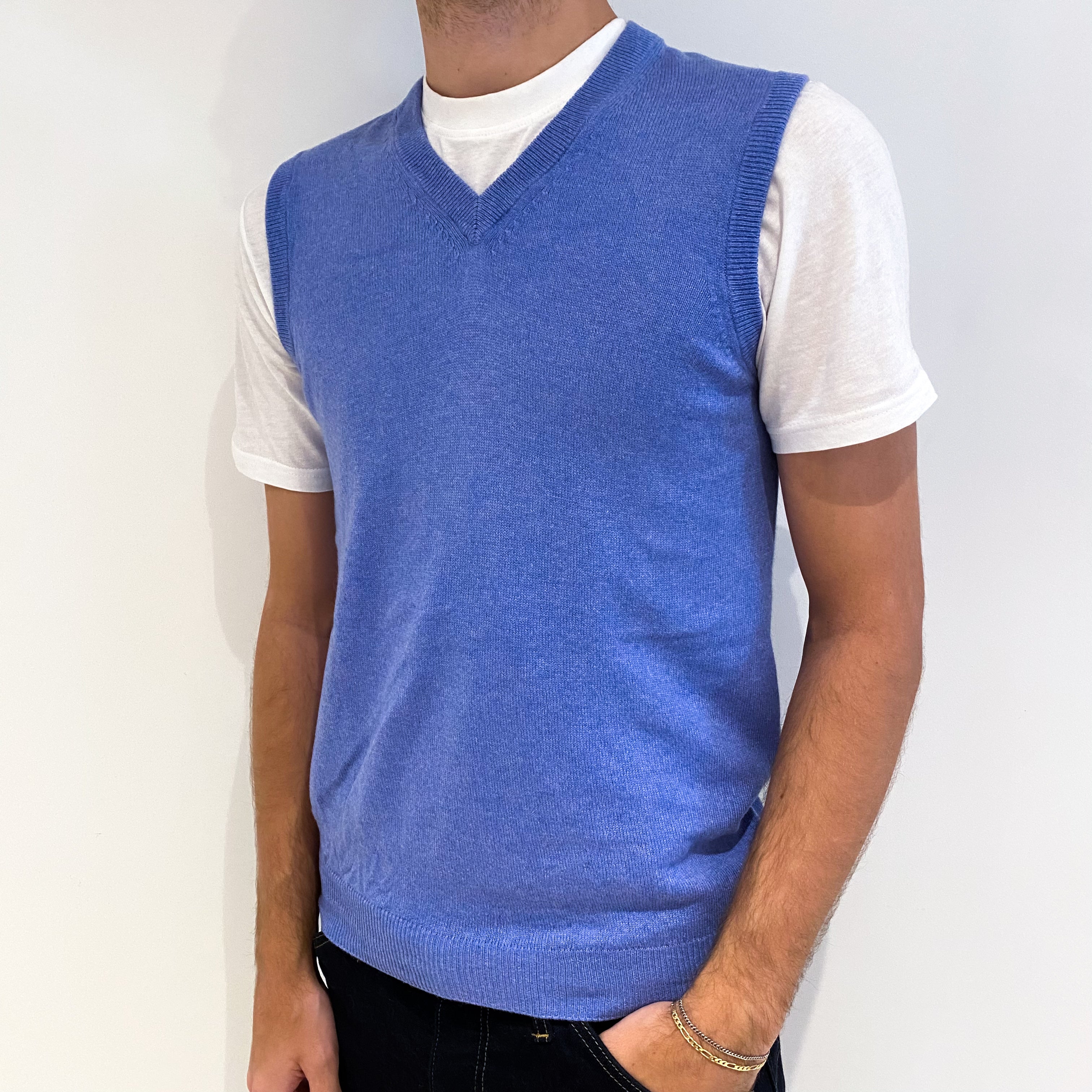 Men's Sky Blue Cashmere V-Neck Tank Top Medium