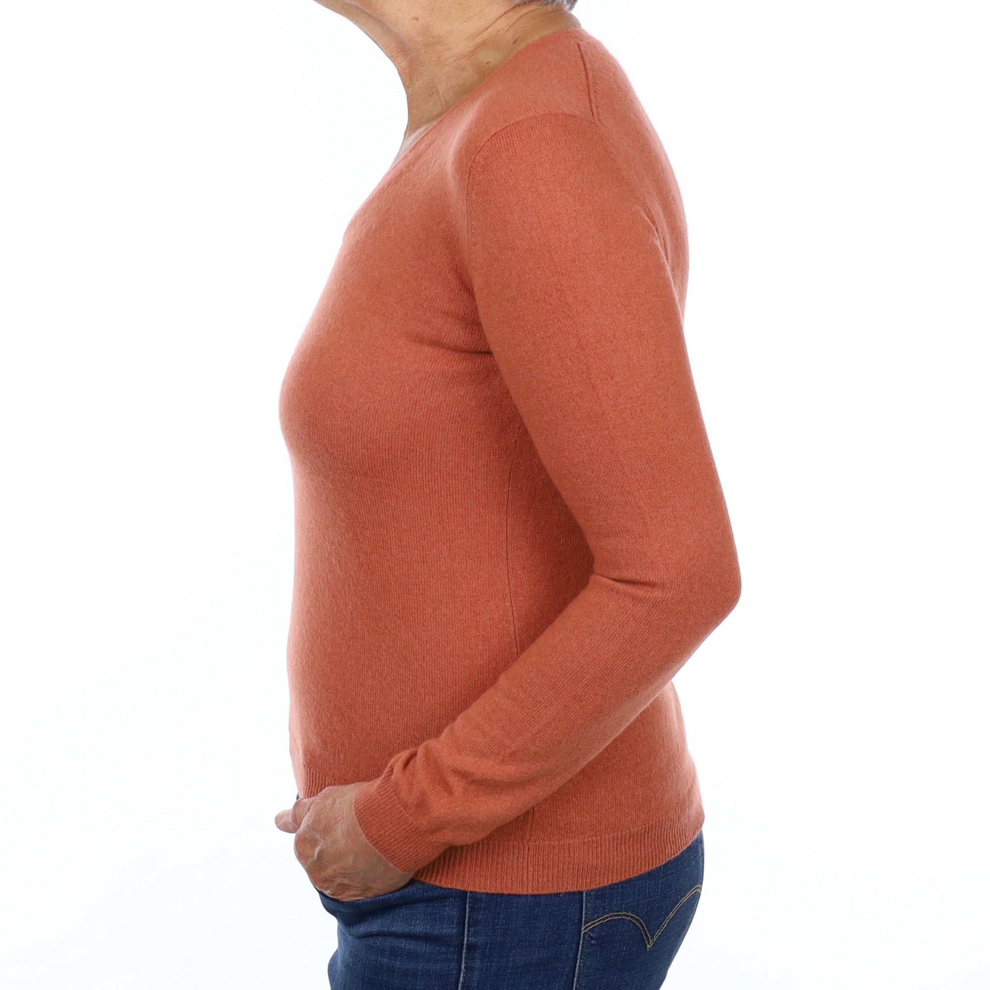Terracotta Orange Cashmere V Neck Jumper Medium
