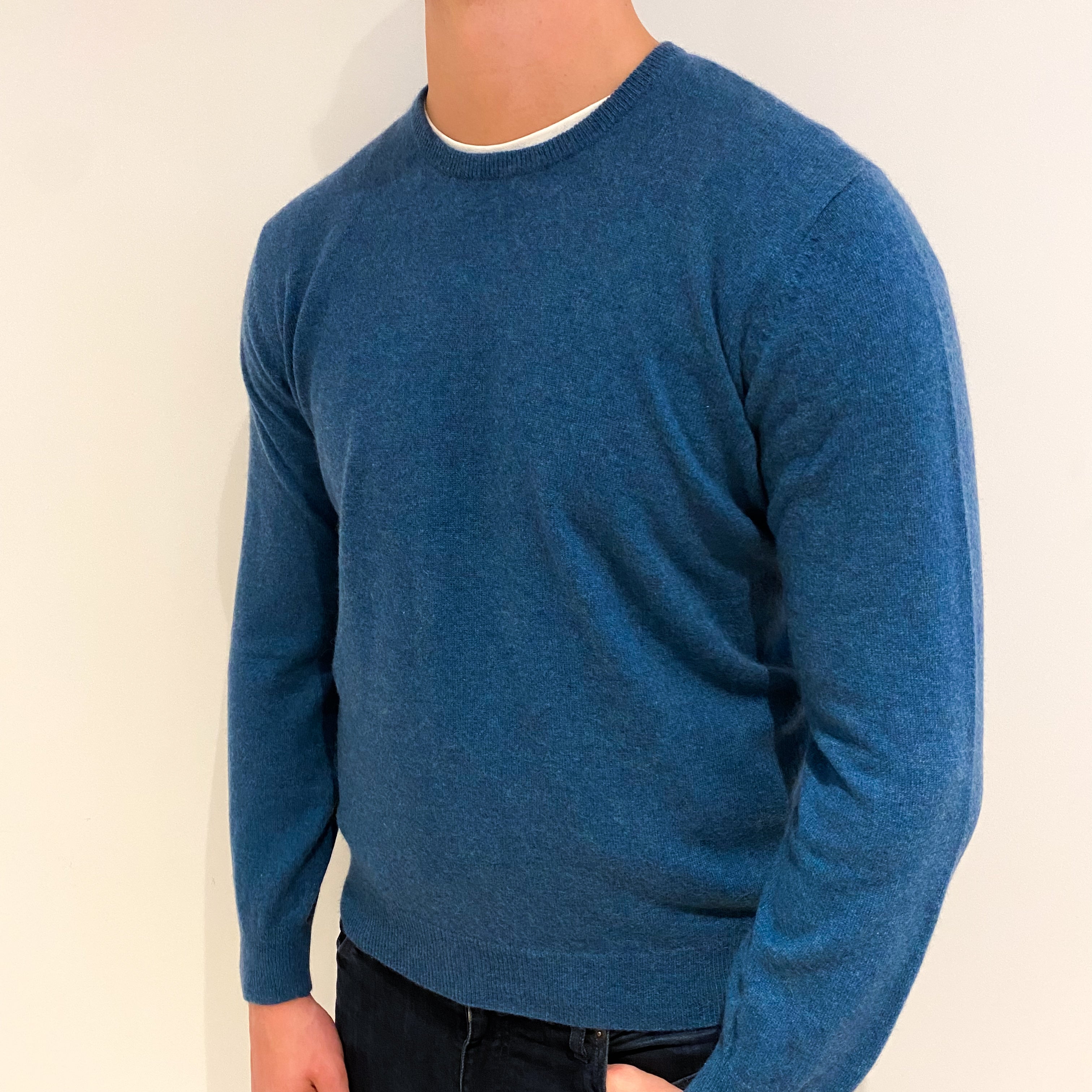 Men's Petrol Blue Cashmere Crew Neck Jumper XL