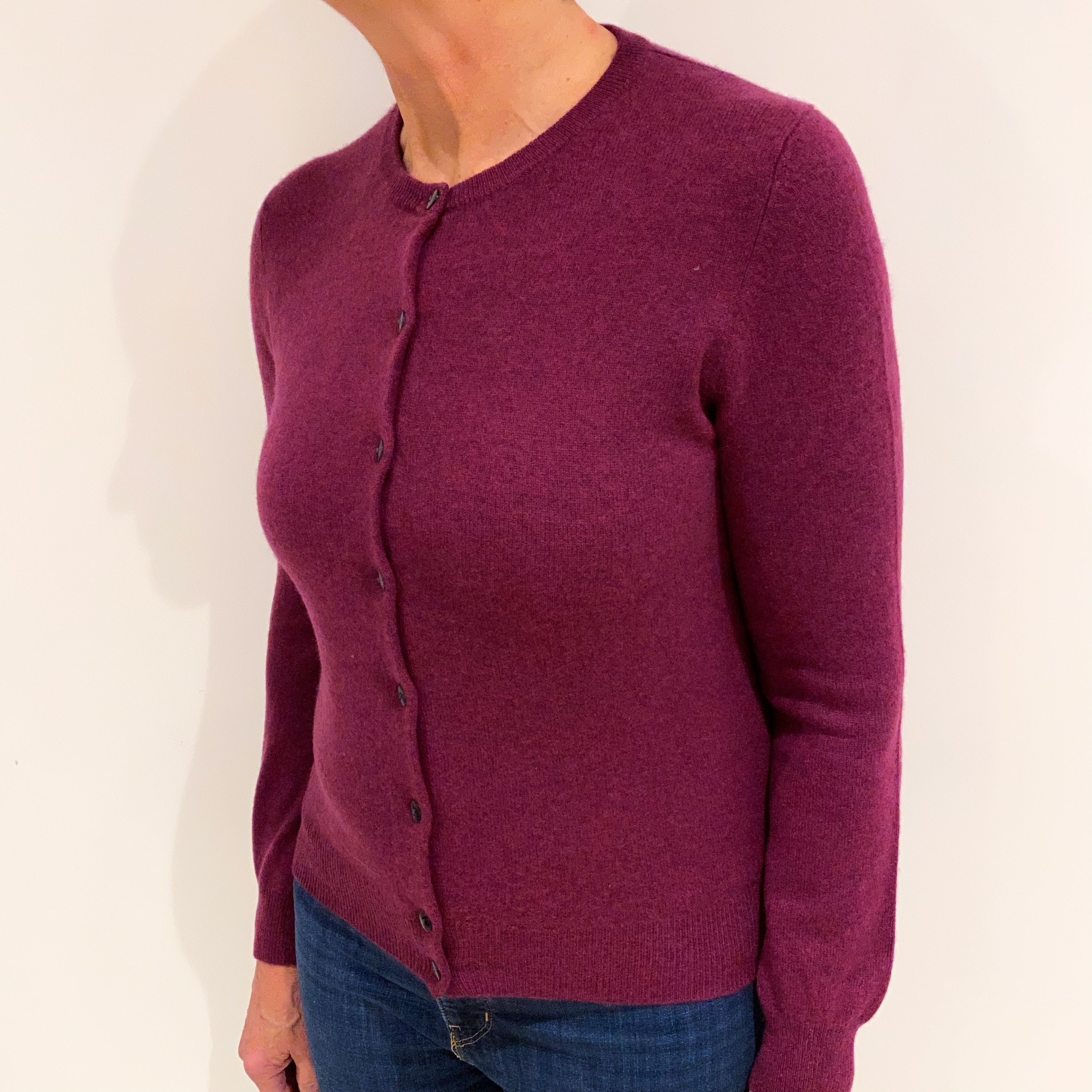 Plum Purple Cashmere Crew Neck Cardigan Medium