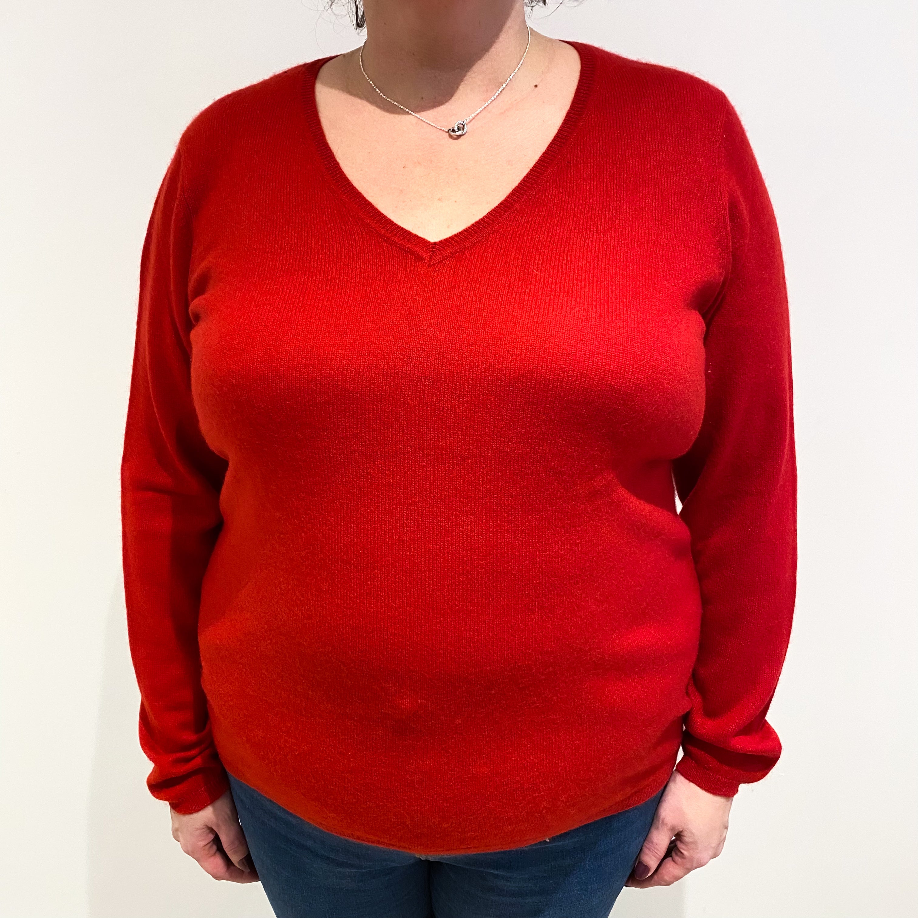 Post Box Red Cashmere V Neck Jumper Extra Large