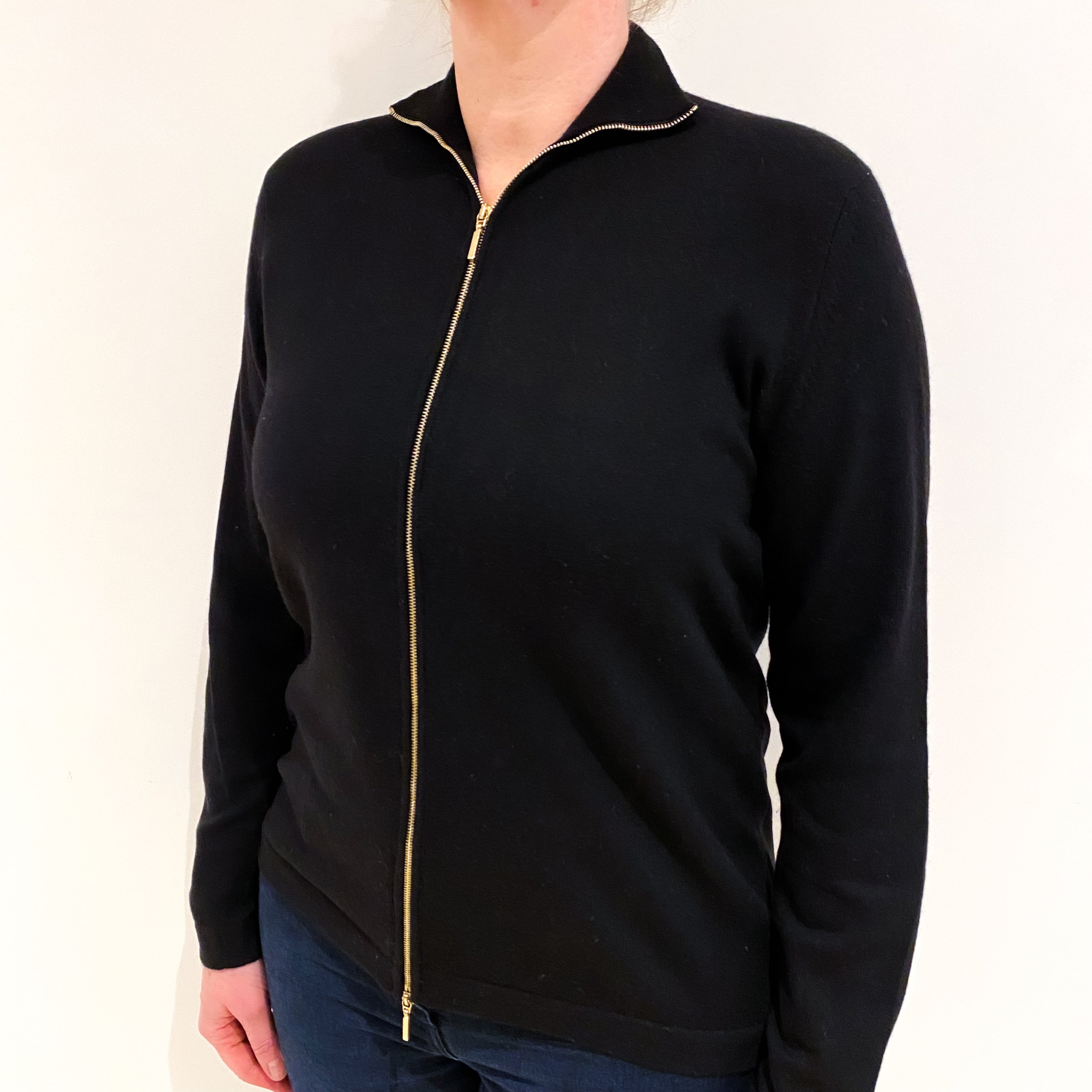 Black Cashmere Turtle Neck Zip Up Cardigan Large