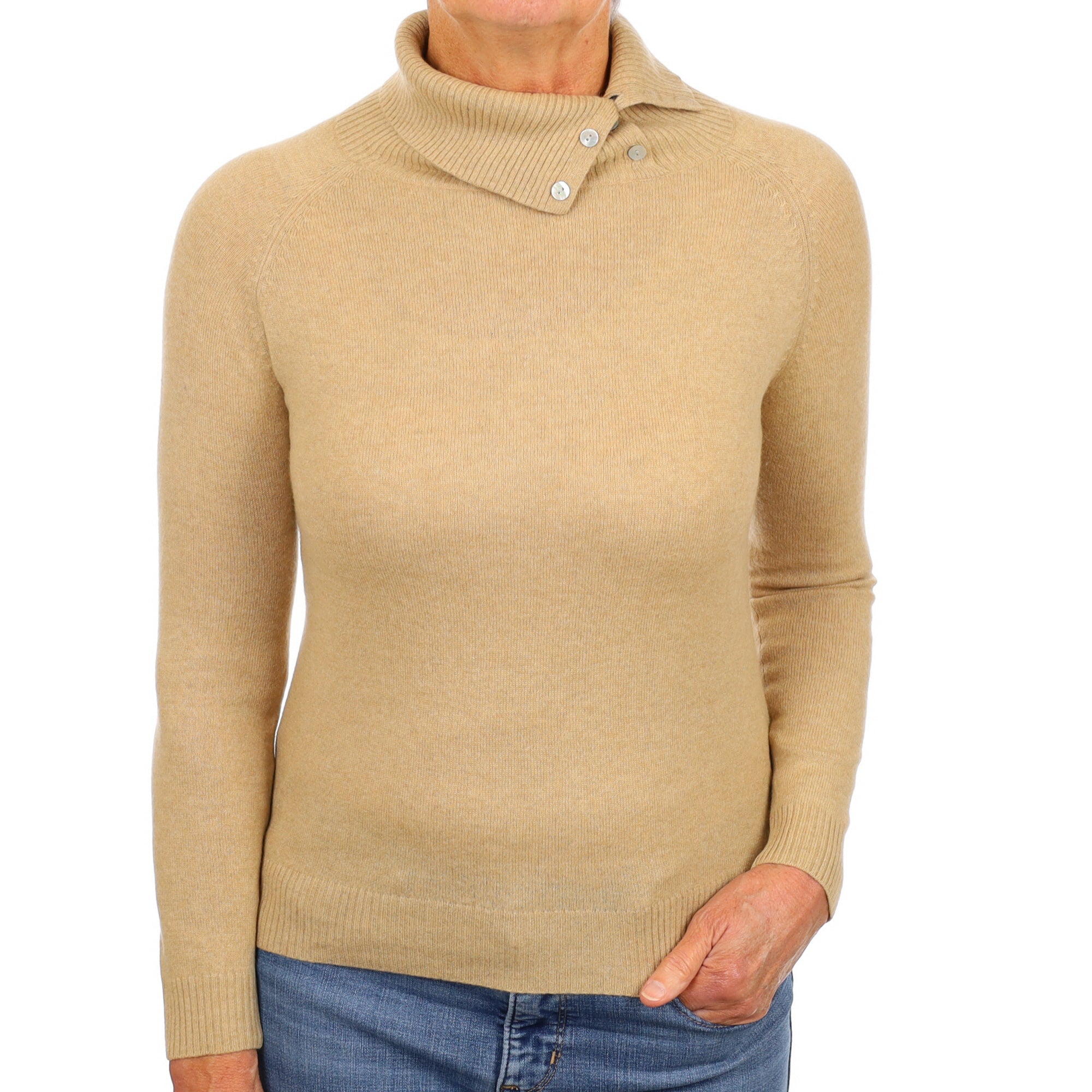 Sand Brown Cashmere Split Buttoned Polo Neck Jumper Medium