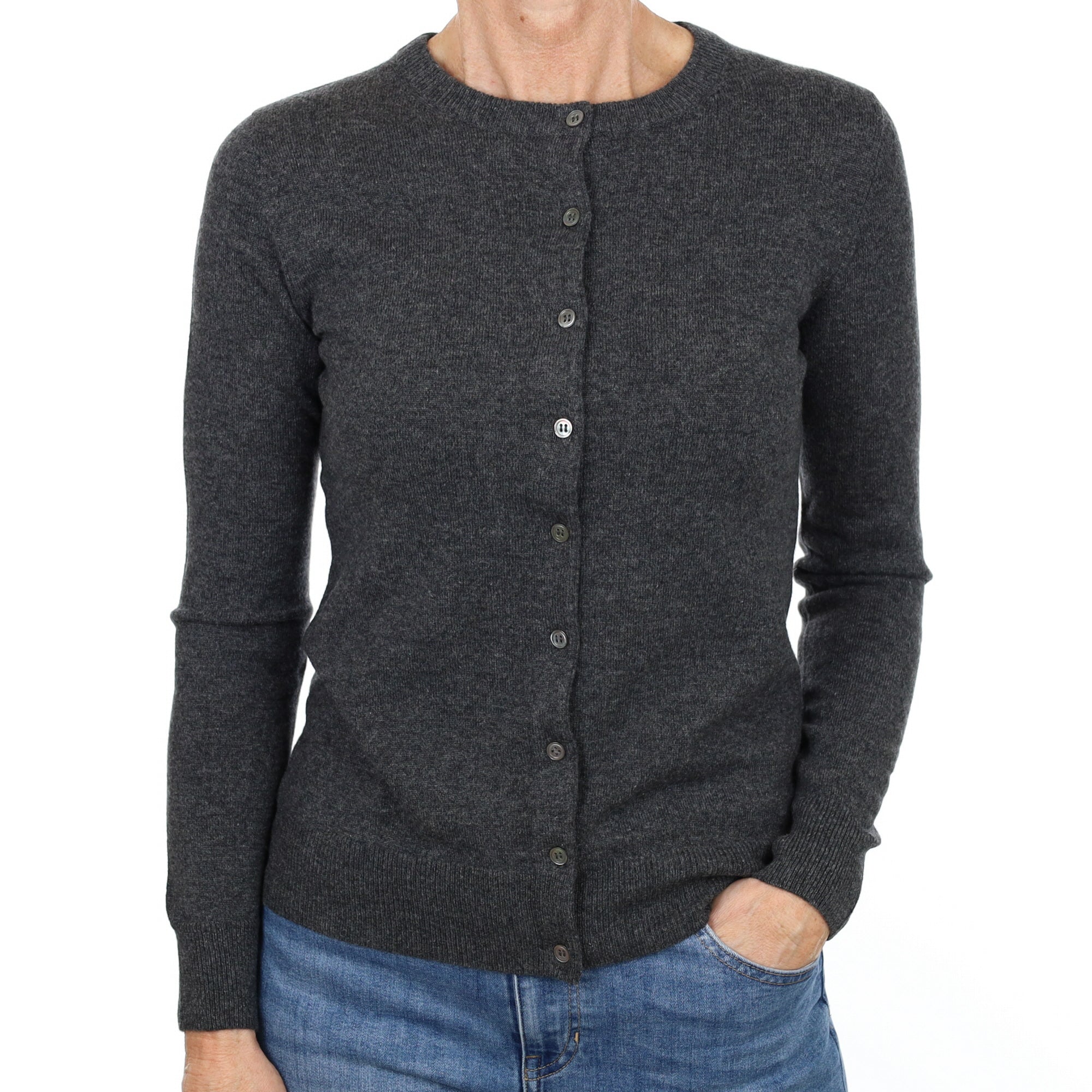 New Charcoal Grey Cashmere Crew Neck Cardigan Small