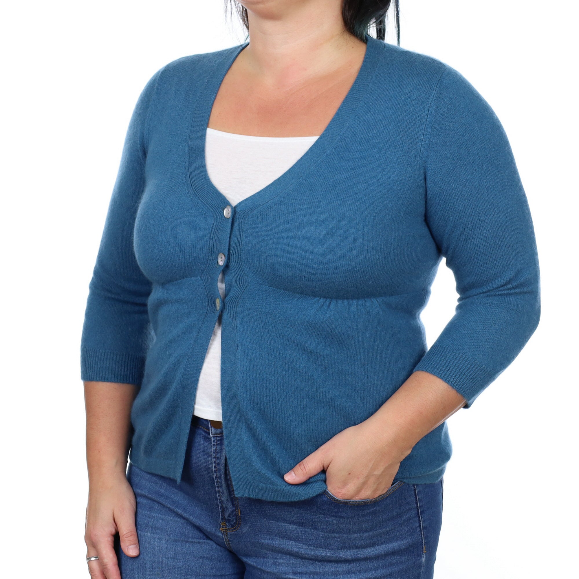 Teal Blue Cashmere V Neck Cardigan Large