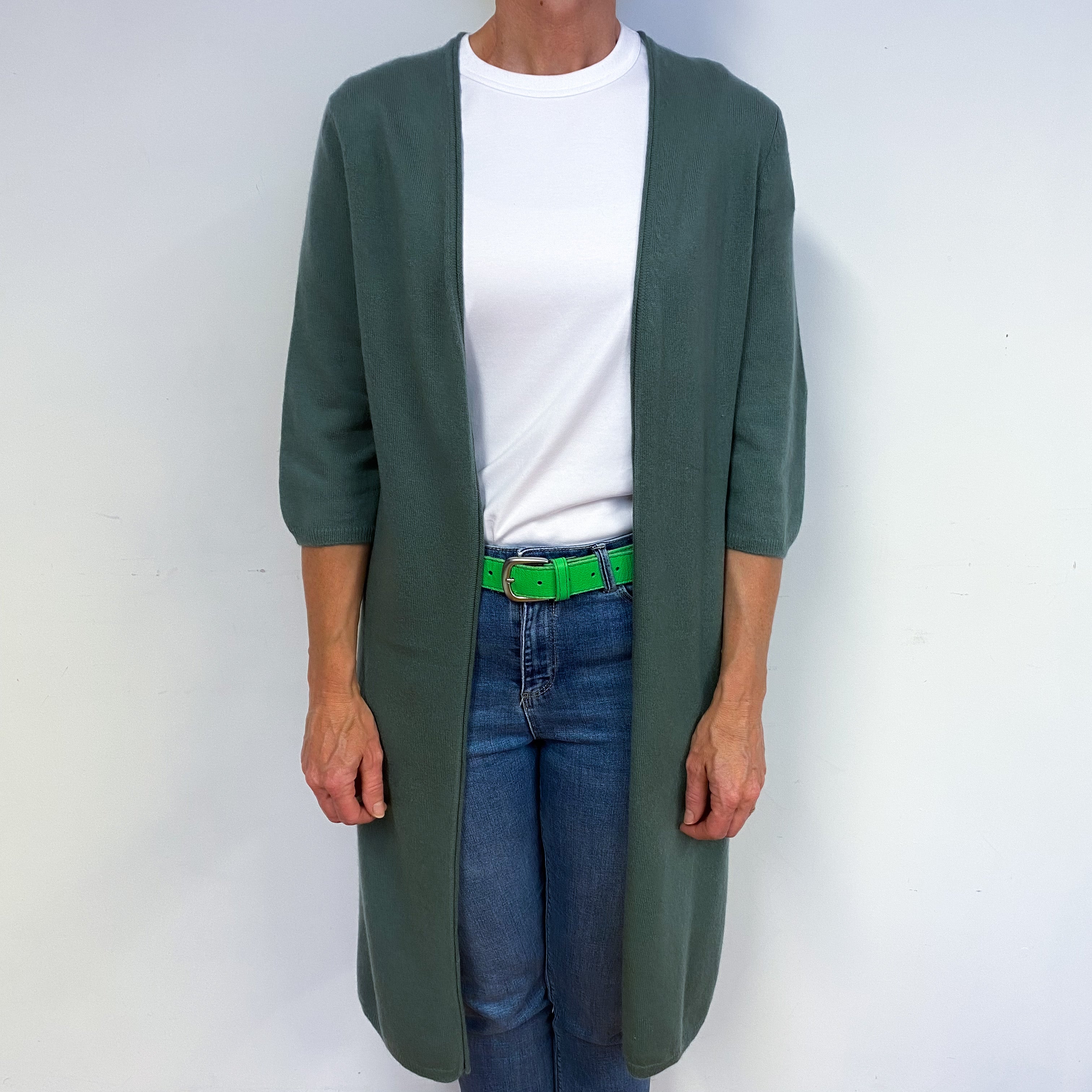 Dark Sage Green Cashmere Edge to Edge Cardigan Medium