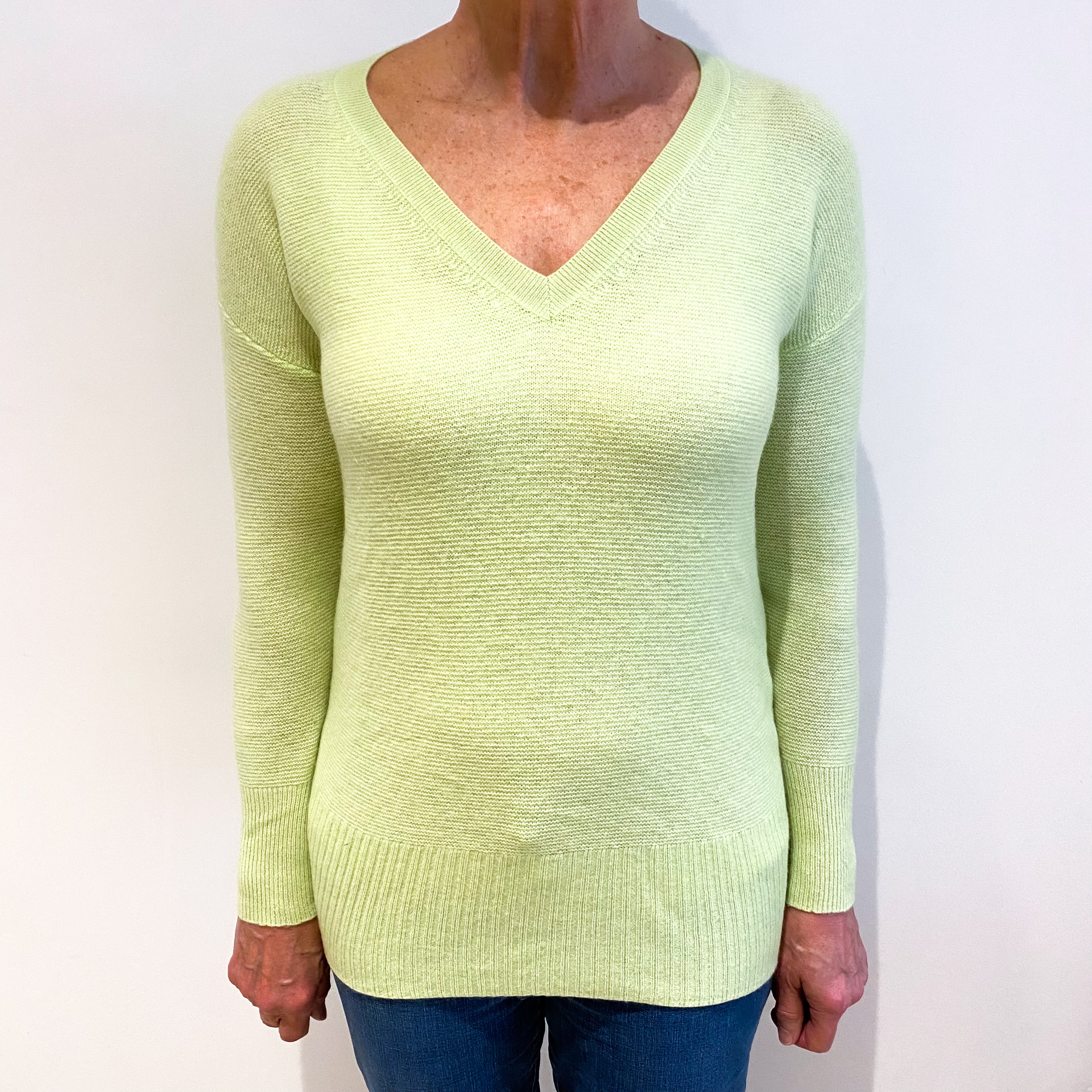 Bright Lime Green Cashmere V Neck Textured Knit Jumper Medium