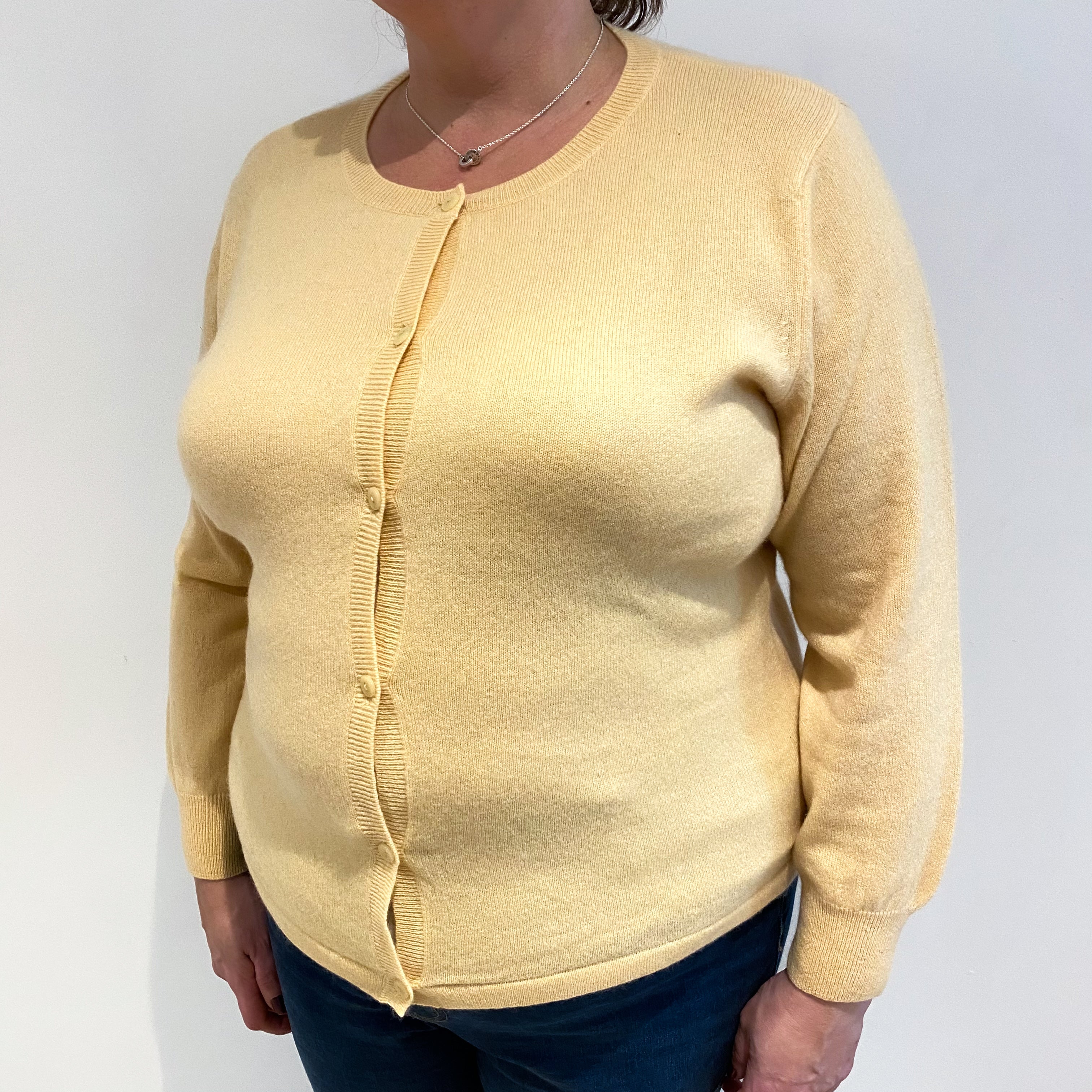 Custard Yellow Cashmere Crew Neck Cardigan Extra Large