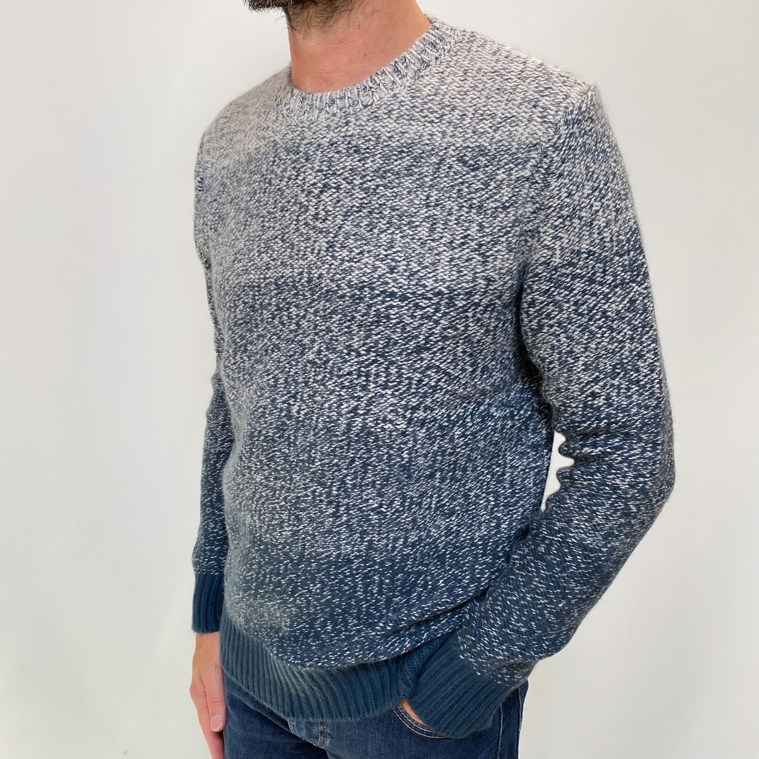 Men's Blue Marl Ombré Cashmere Crew Neck Jumper Small
