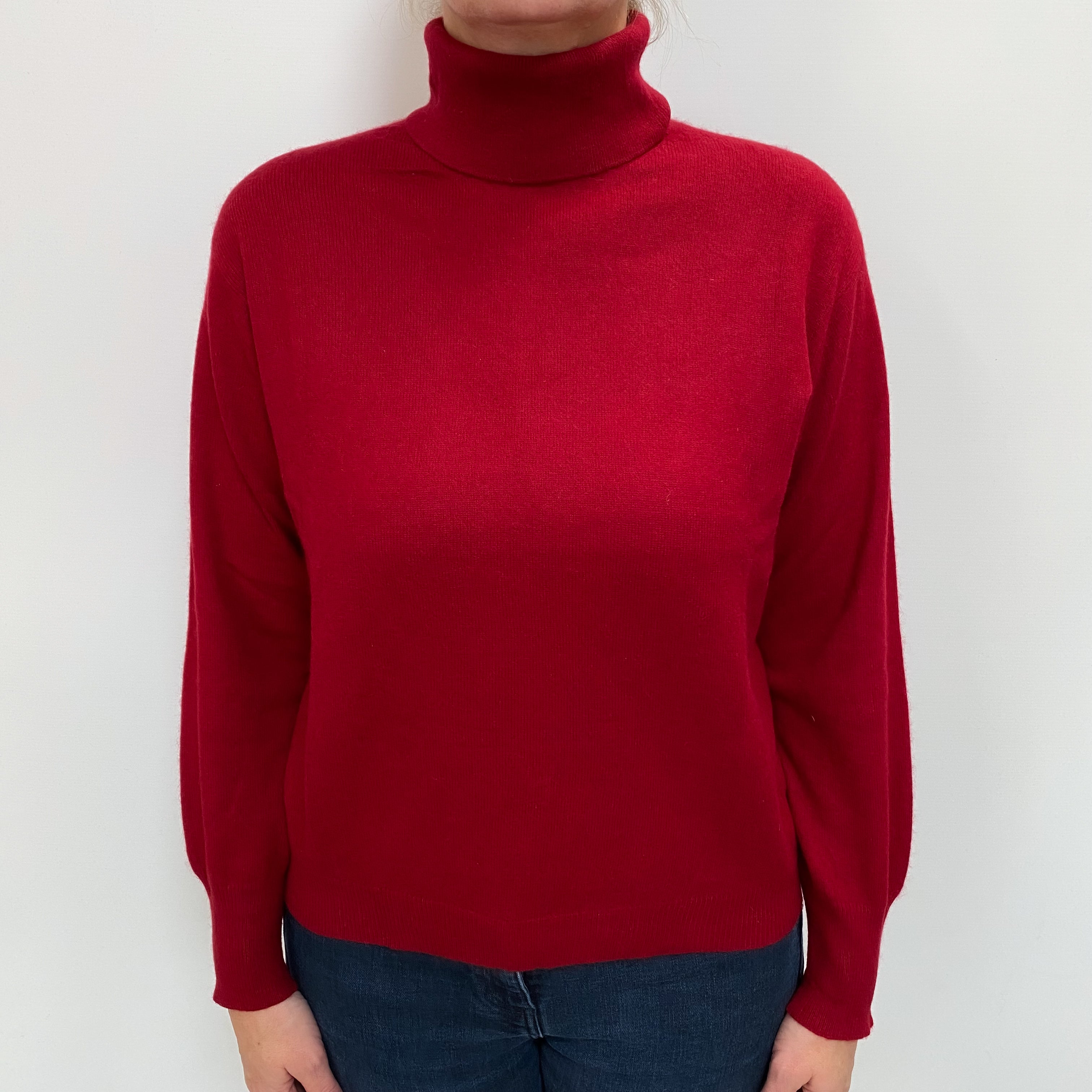 Crimson Red Cashmere Polo Neck Jumper Large