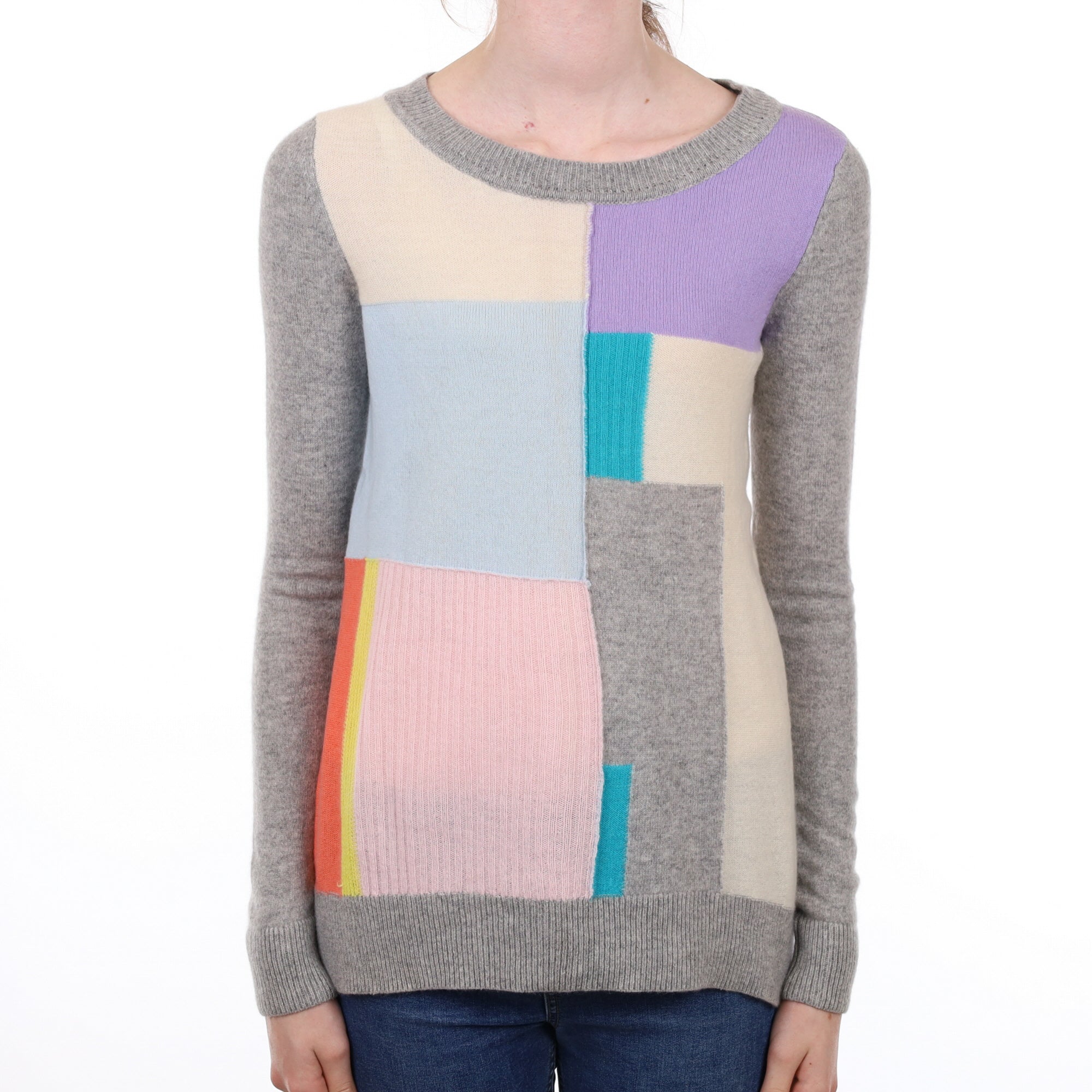 Grey Patch Work Cashmere Crew Neck Jumper Extra Small