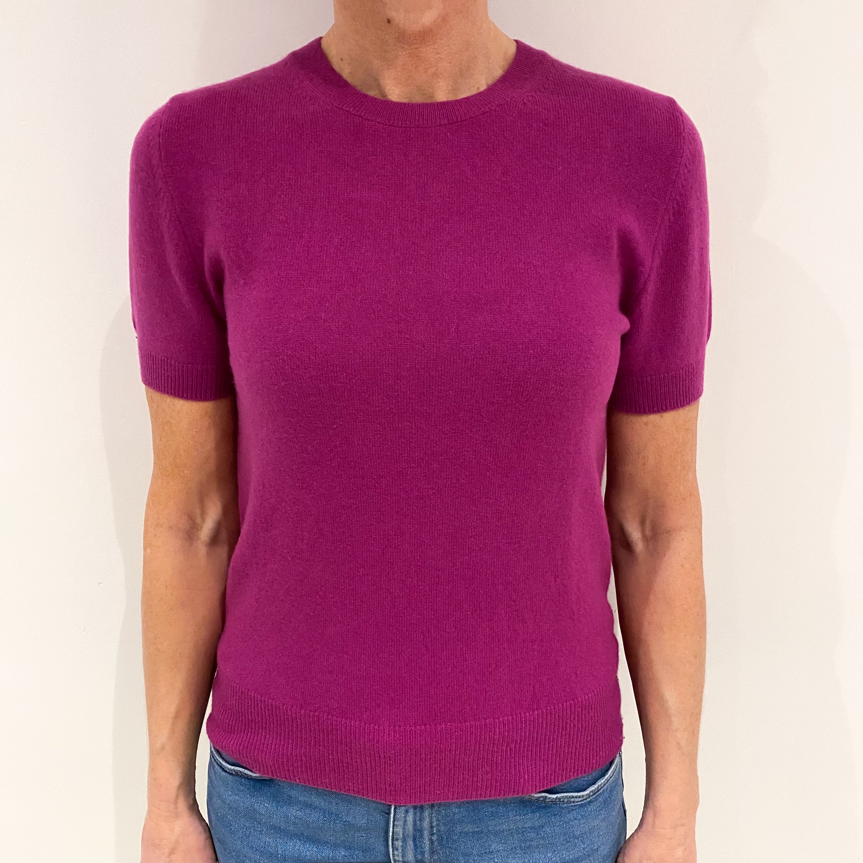 Magenta Pink Cashmere Short Sleeved Crew Neck Jumper Small