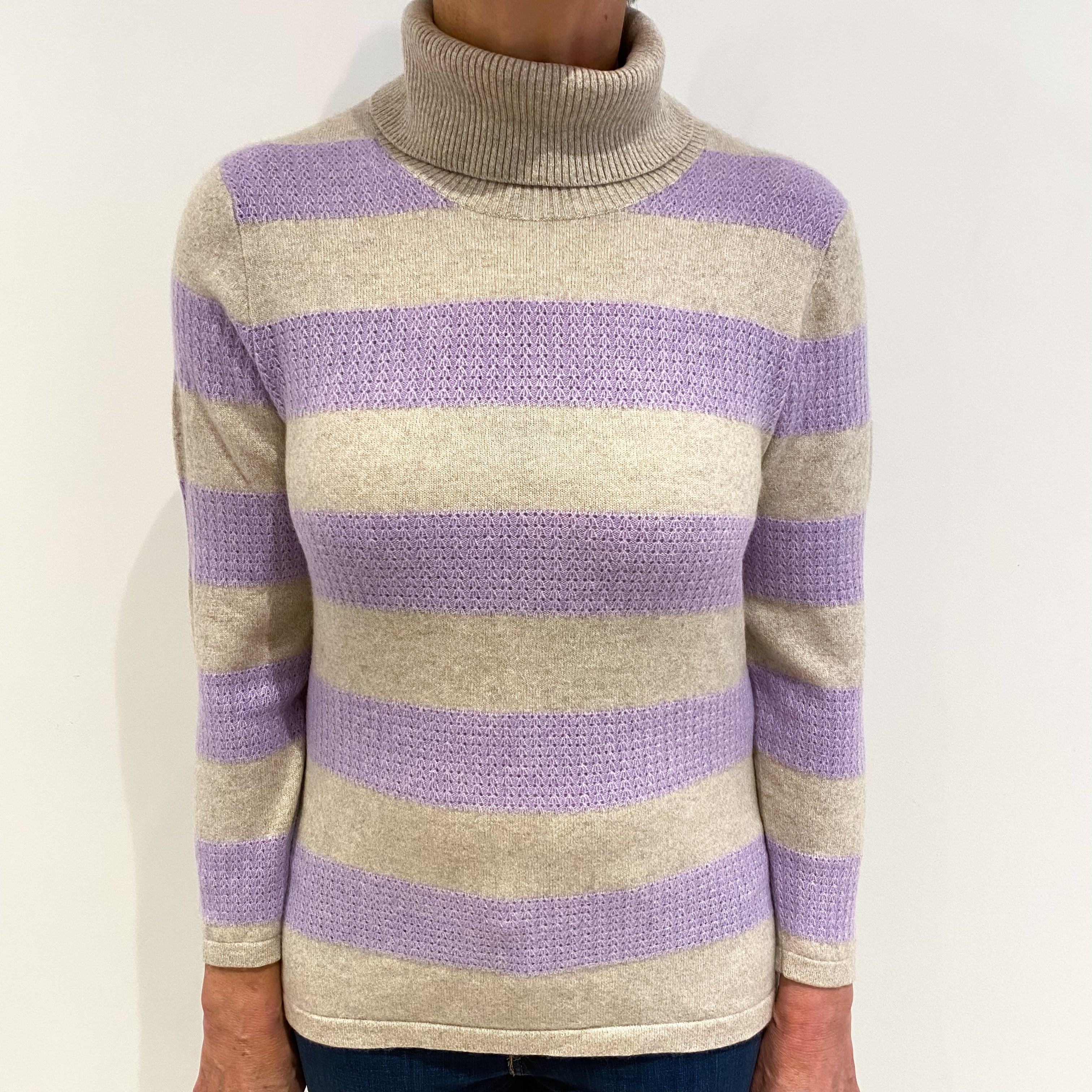 Oatmeal And Lavender Striped Cashmere Polo Neck Jumper Medium