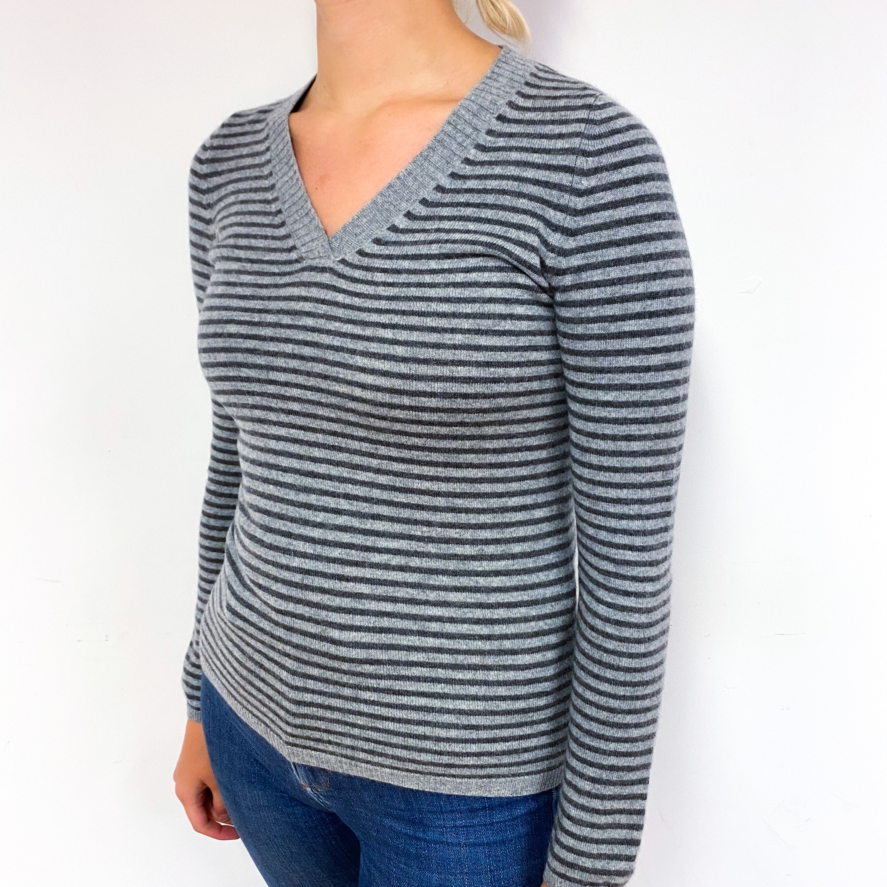 Grey Stripe Cashmere V-Neck Jumper Small