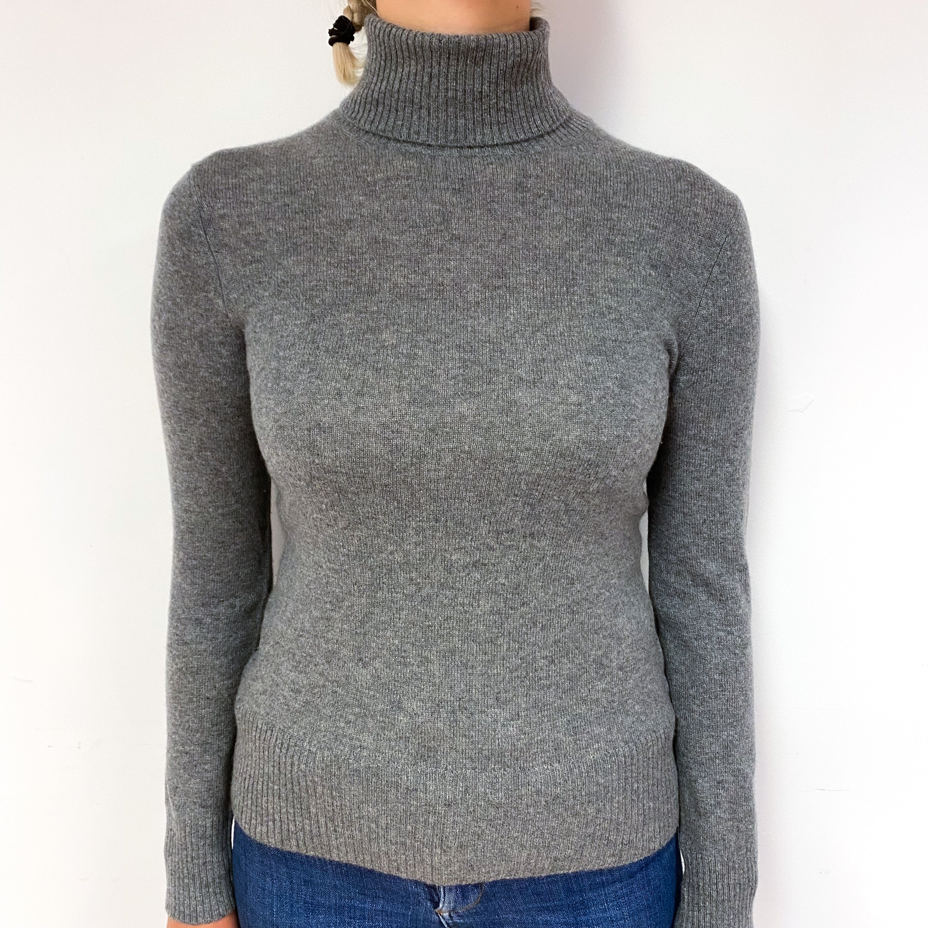 Ash Grey Cashmere Polo Neck Jumper Small