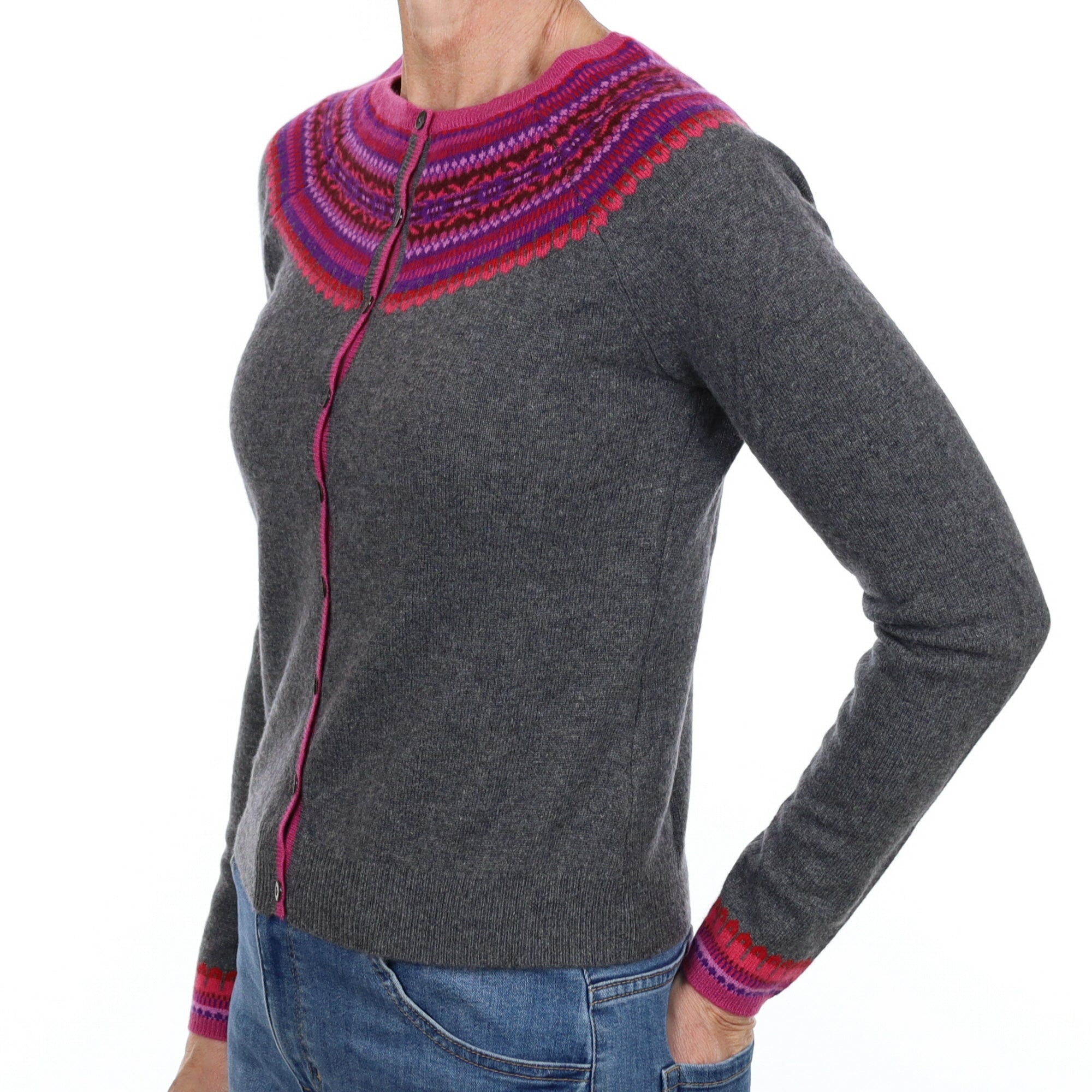 New Grey and Pink Fair Isle Cashmere Crew Neck Cardigan Small