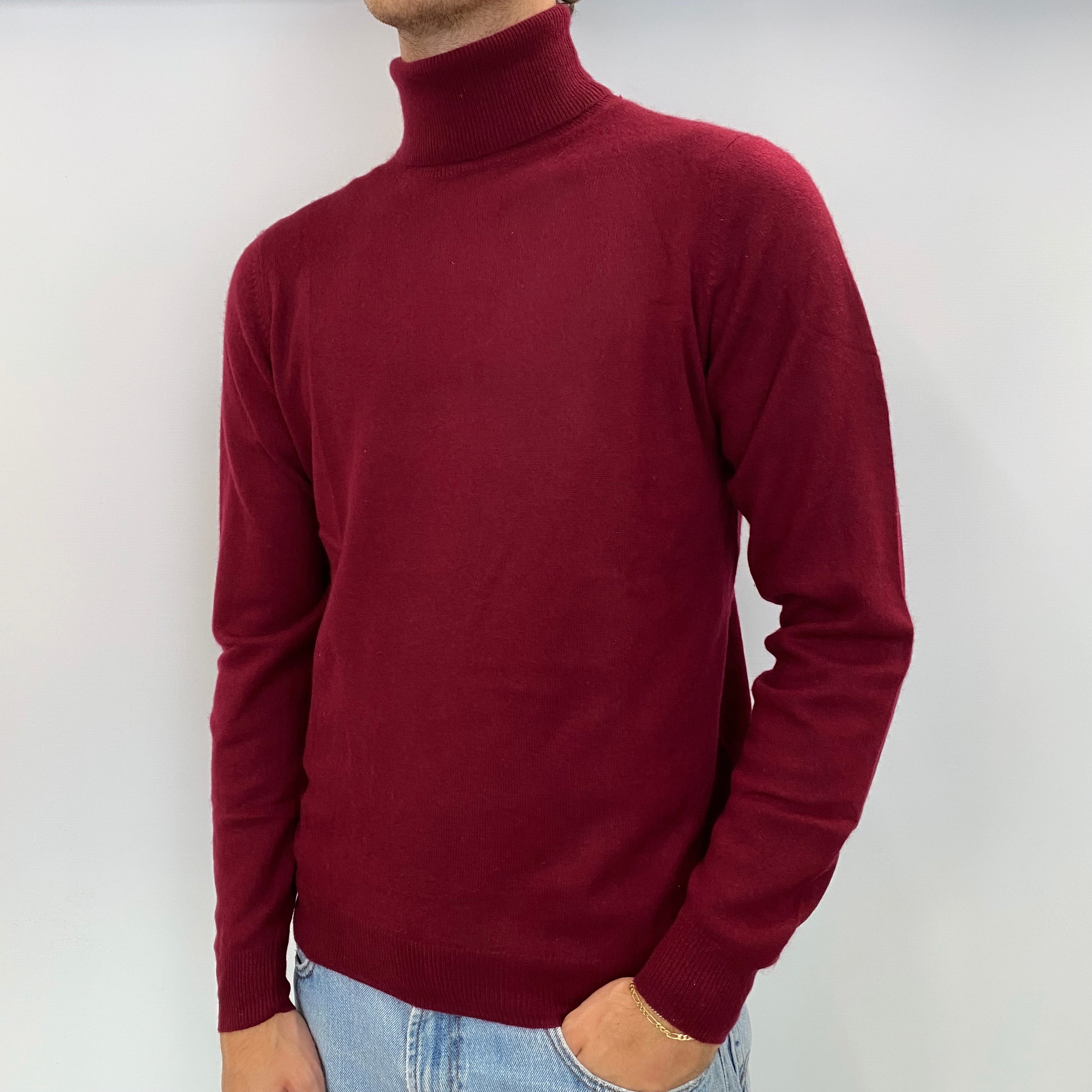 Men's Burgundy Red Cashmere Polo Neck Jumper Medium