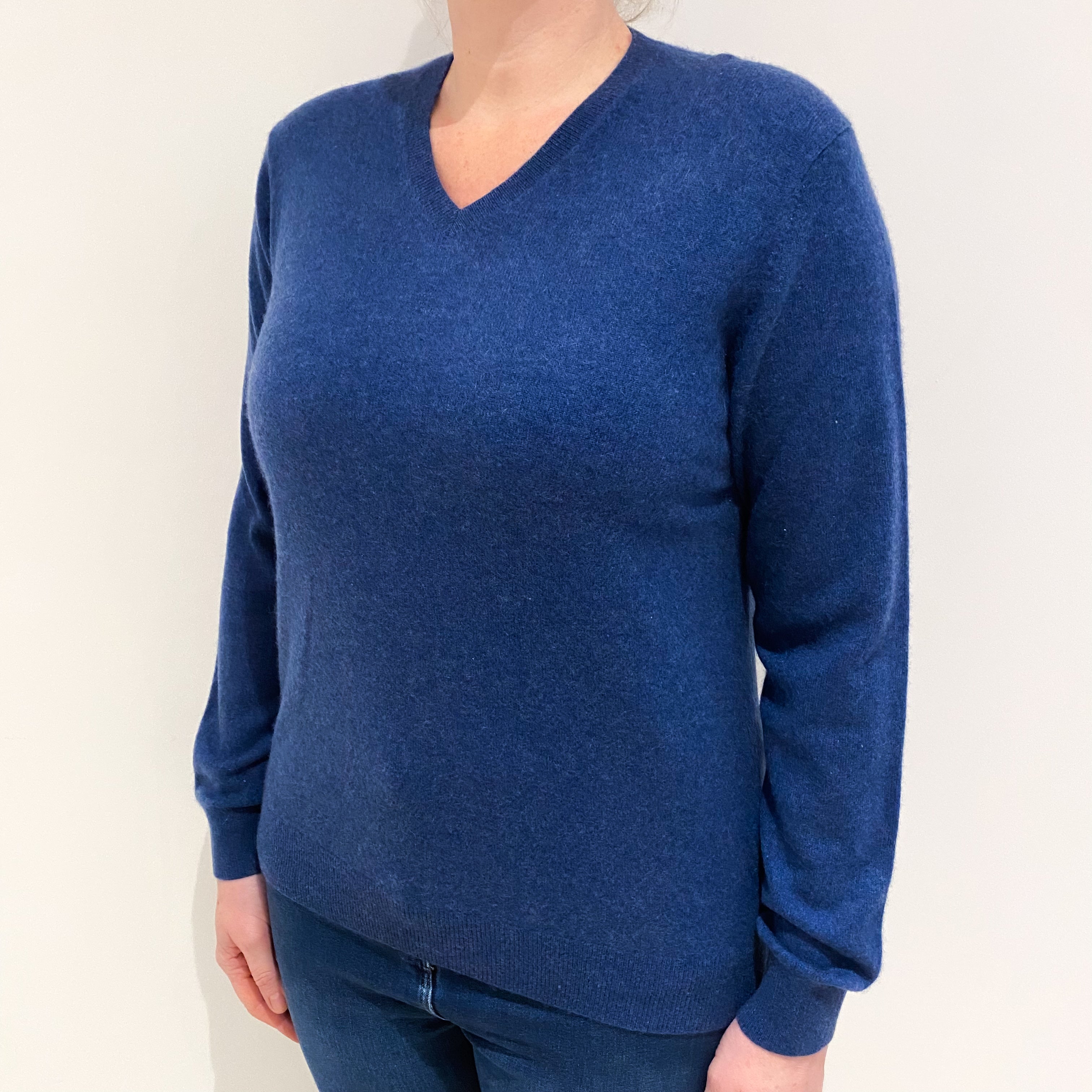 Naval Blue Cashmere V Neck Jumper Large
