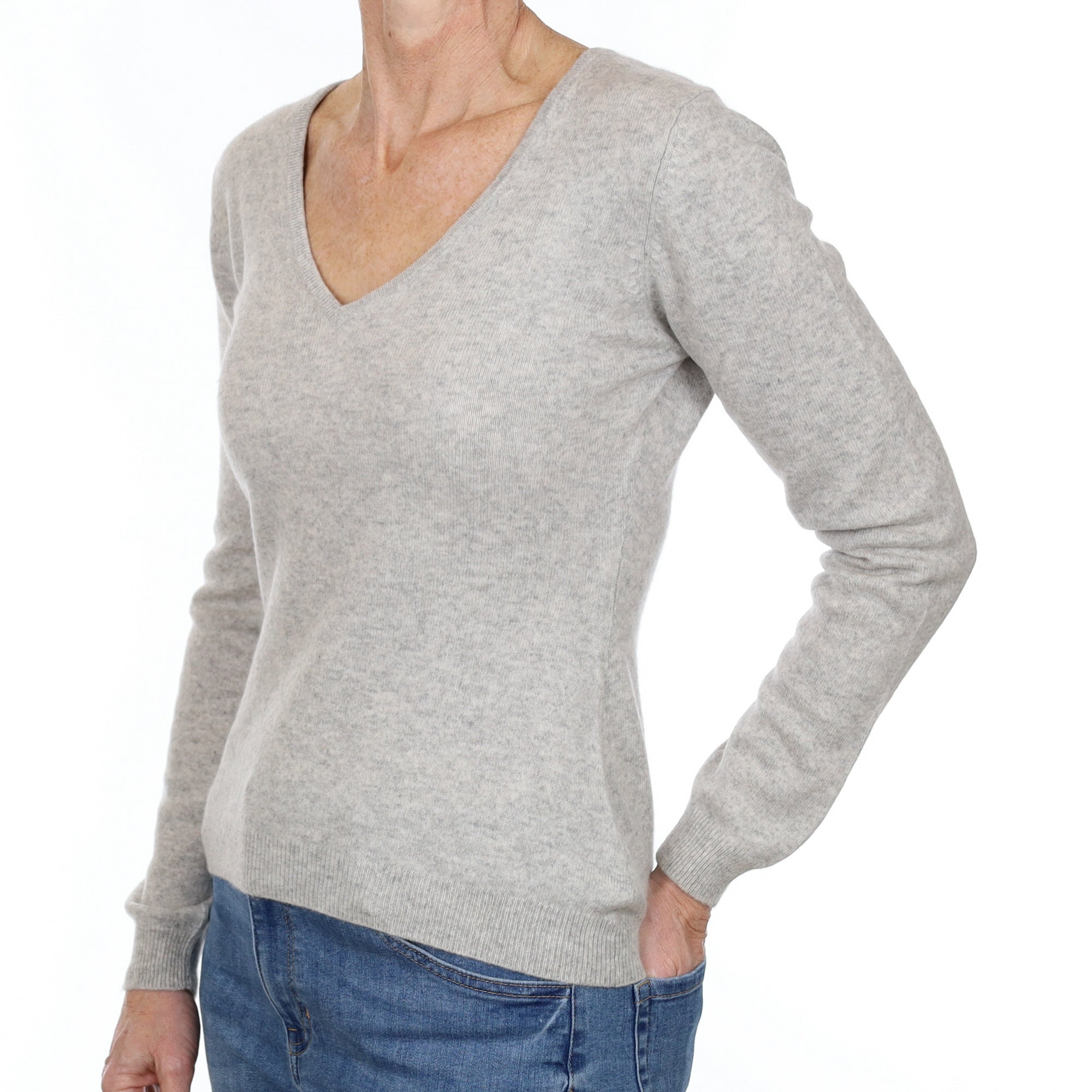 Mist Grey Cashmere V Neck Jumper Small