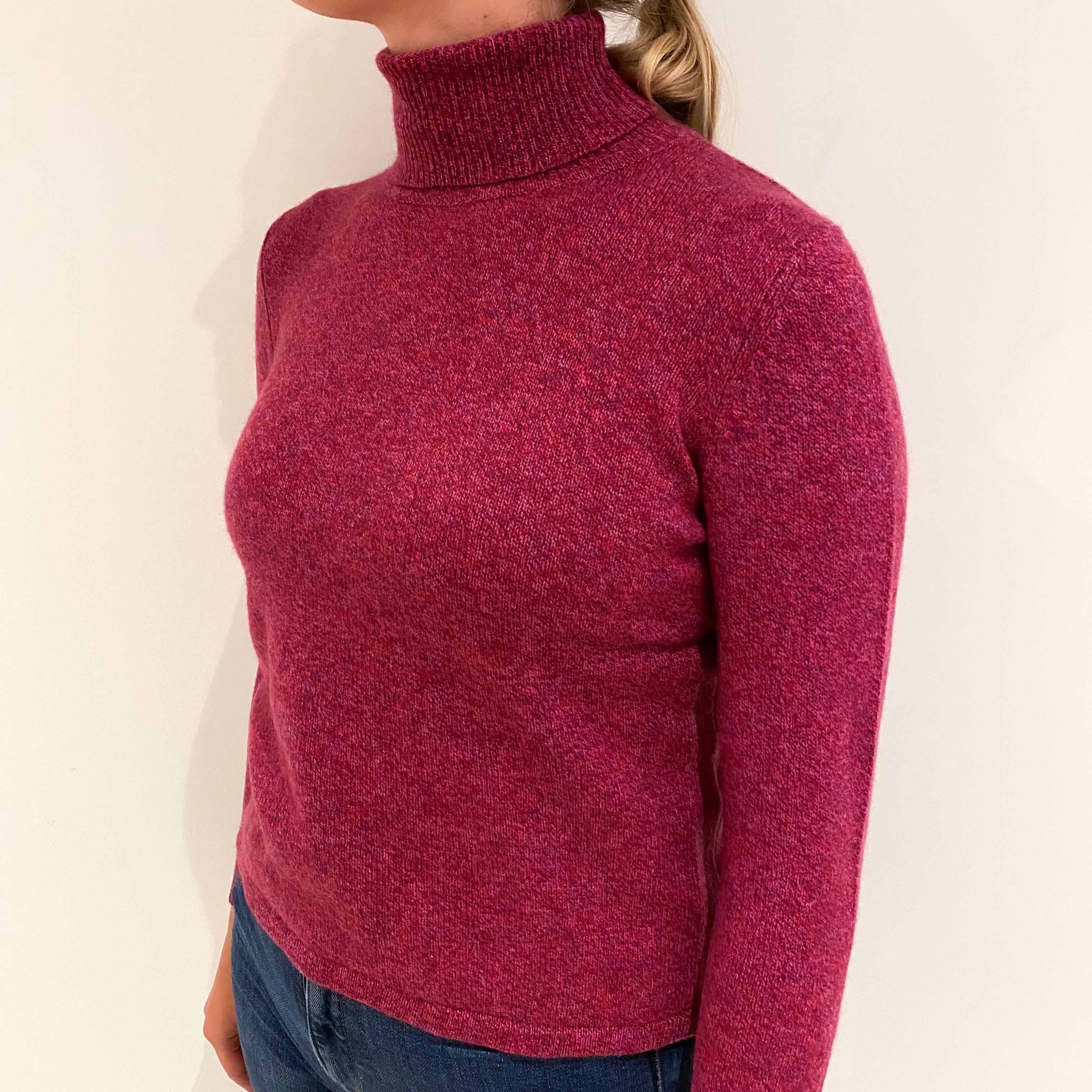 Cherry Pink Marl Cashmere Polo Neck Jumper Small Petite